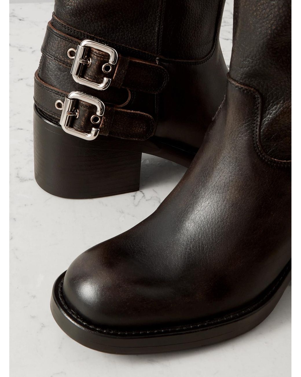 Chloé Black Buckled Textured-Leather Ankle Boots