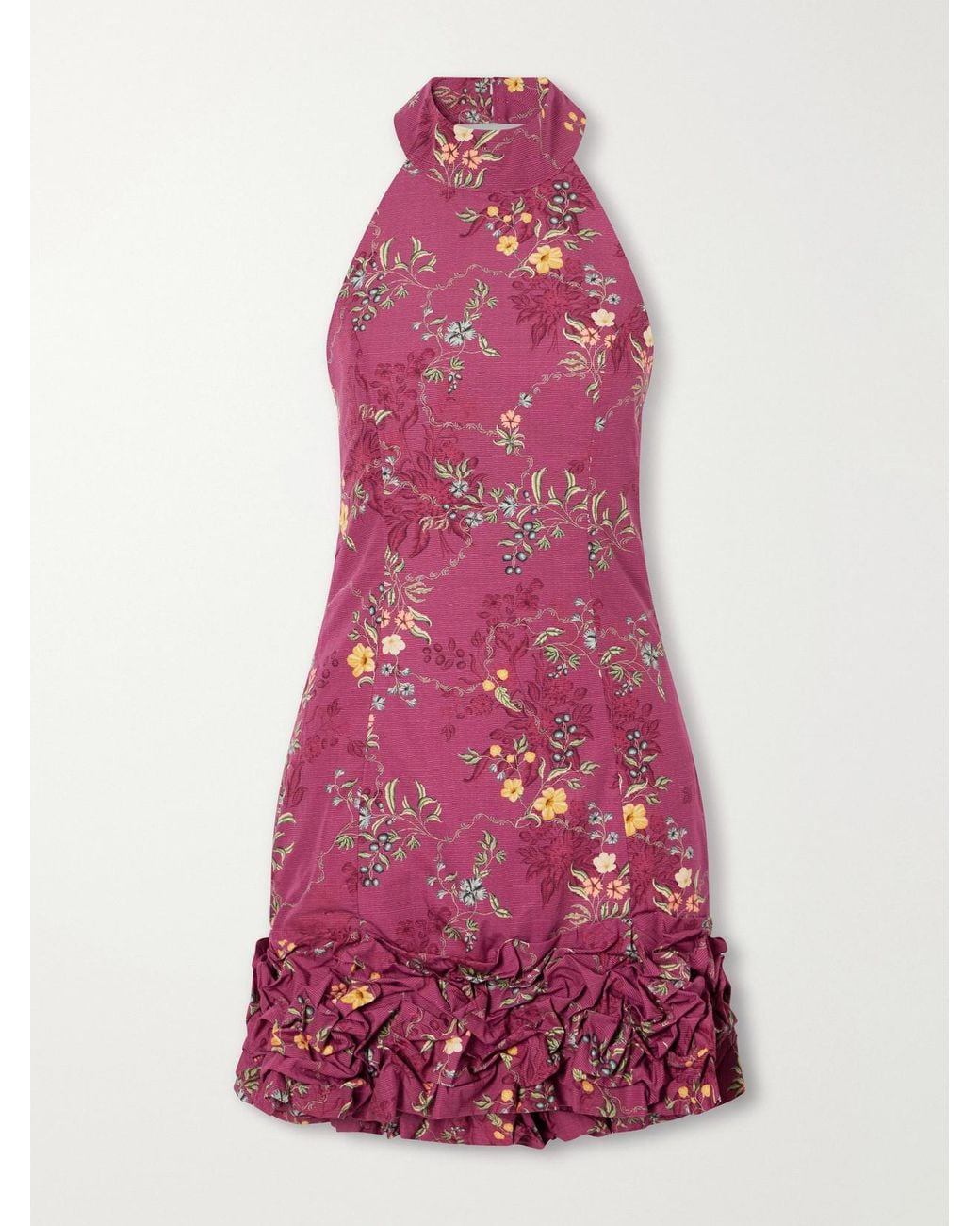 Agua Bendita Pink Cuenca Ruffled Floral-Print Cotton-Poplin Halterneck Mini Dress