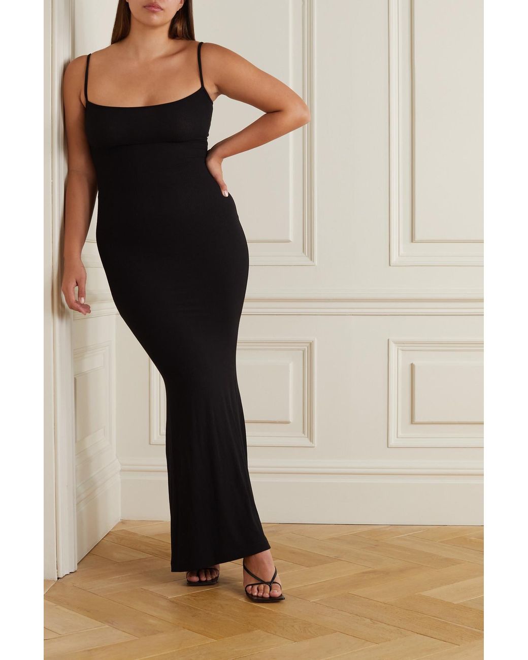 Skims Soft Lounge Ribbed Stretch-modal Slip Dress in Black
