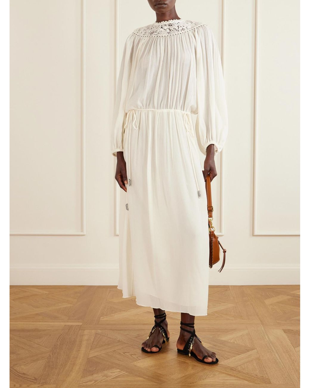 Isabel Marant White Nydia Lace-Trimmed Bead-Embellished Silk-Chiffon Midi Dress