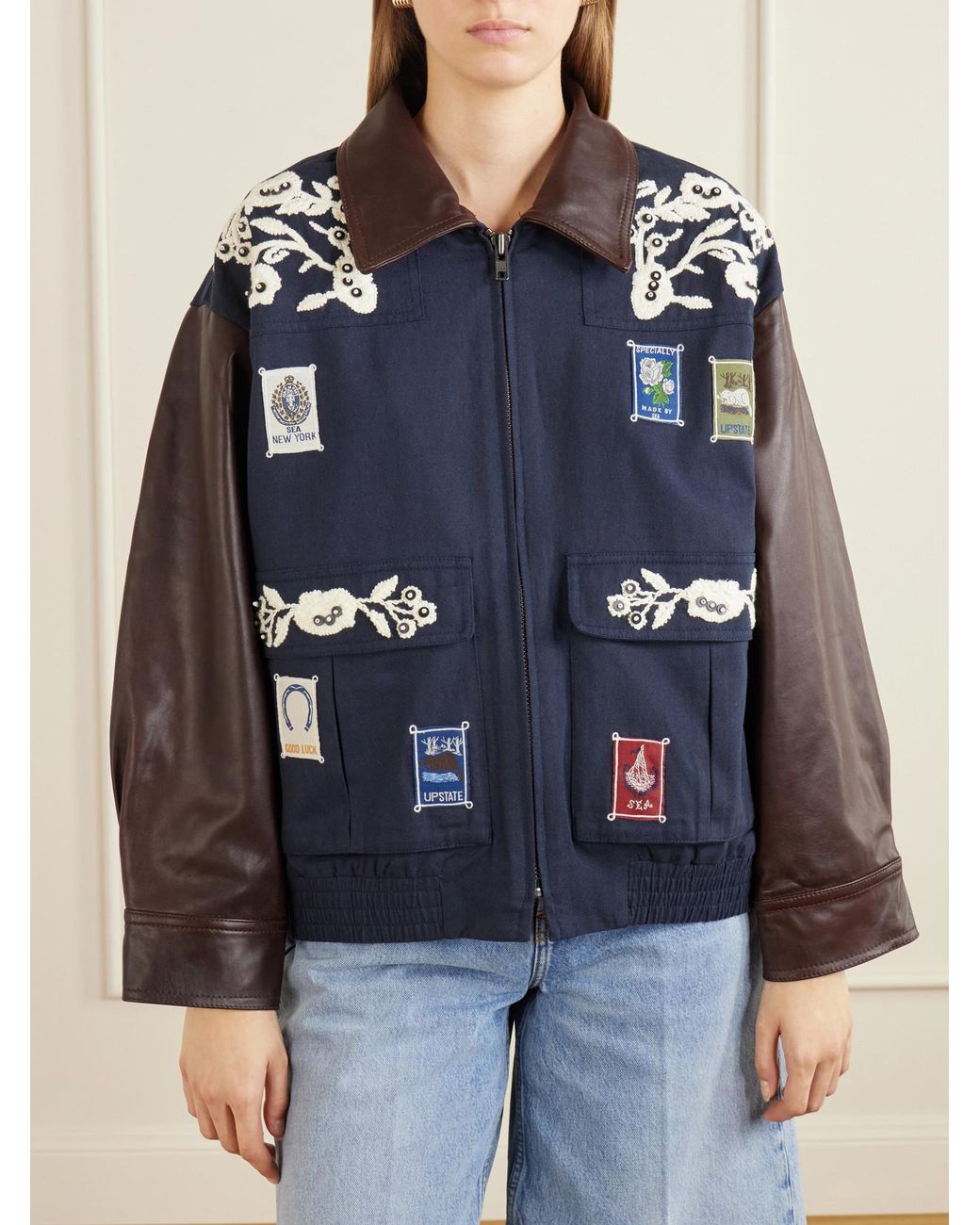 Sea Blue Georgie Embroidered Cotton-Canvas And Leather Jacket