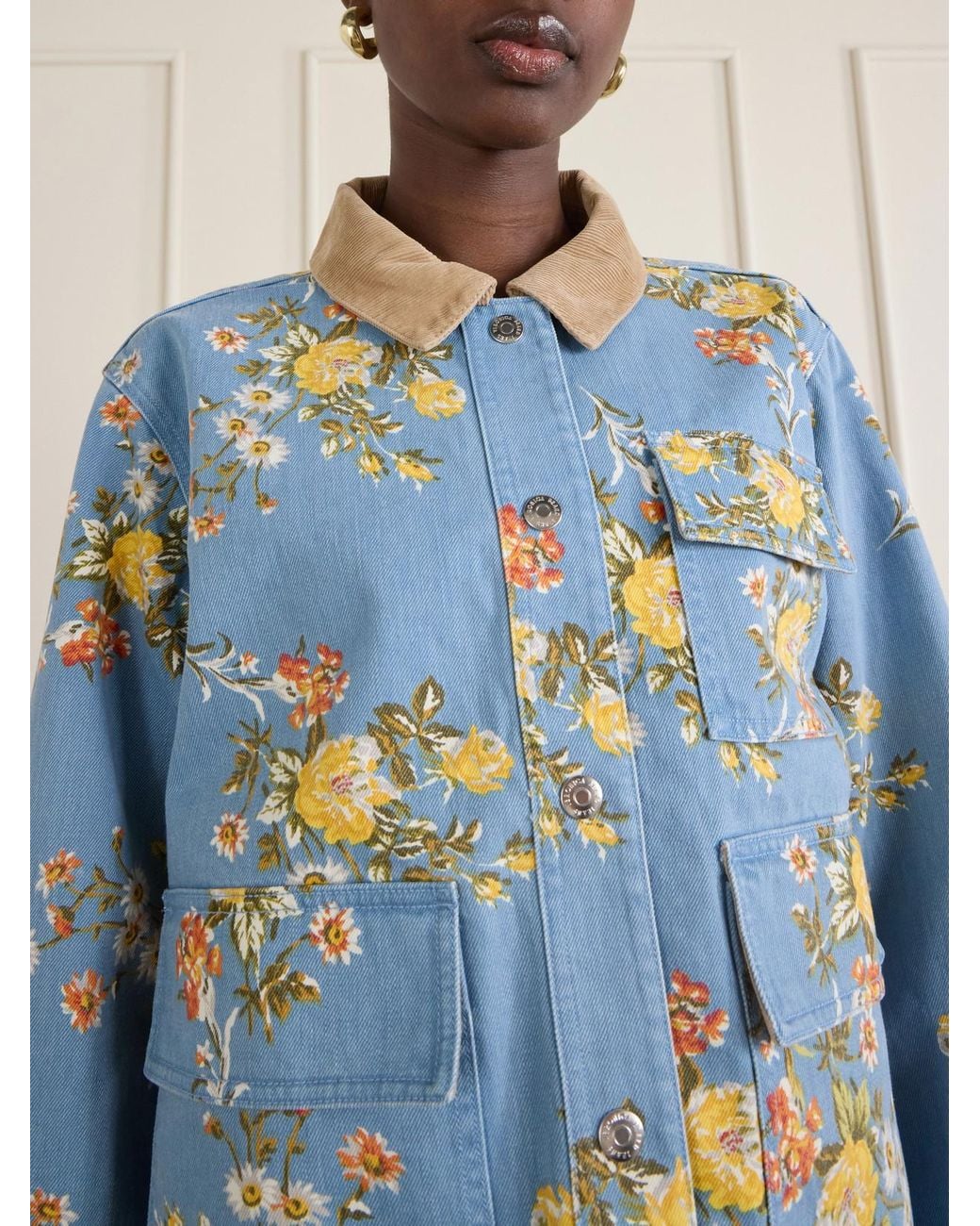 Veronica Beard Blue Leighton Corduroy-Trimmed Floral-Print Denim Jacket
