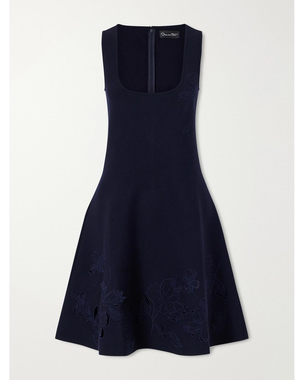 Oscar de la Renta Blue Laser-Cut Embroidered Knitted Mini Dress
