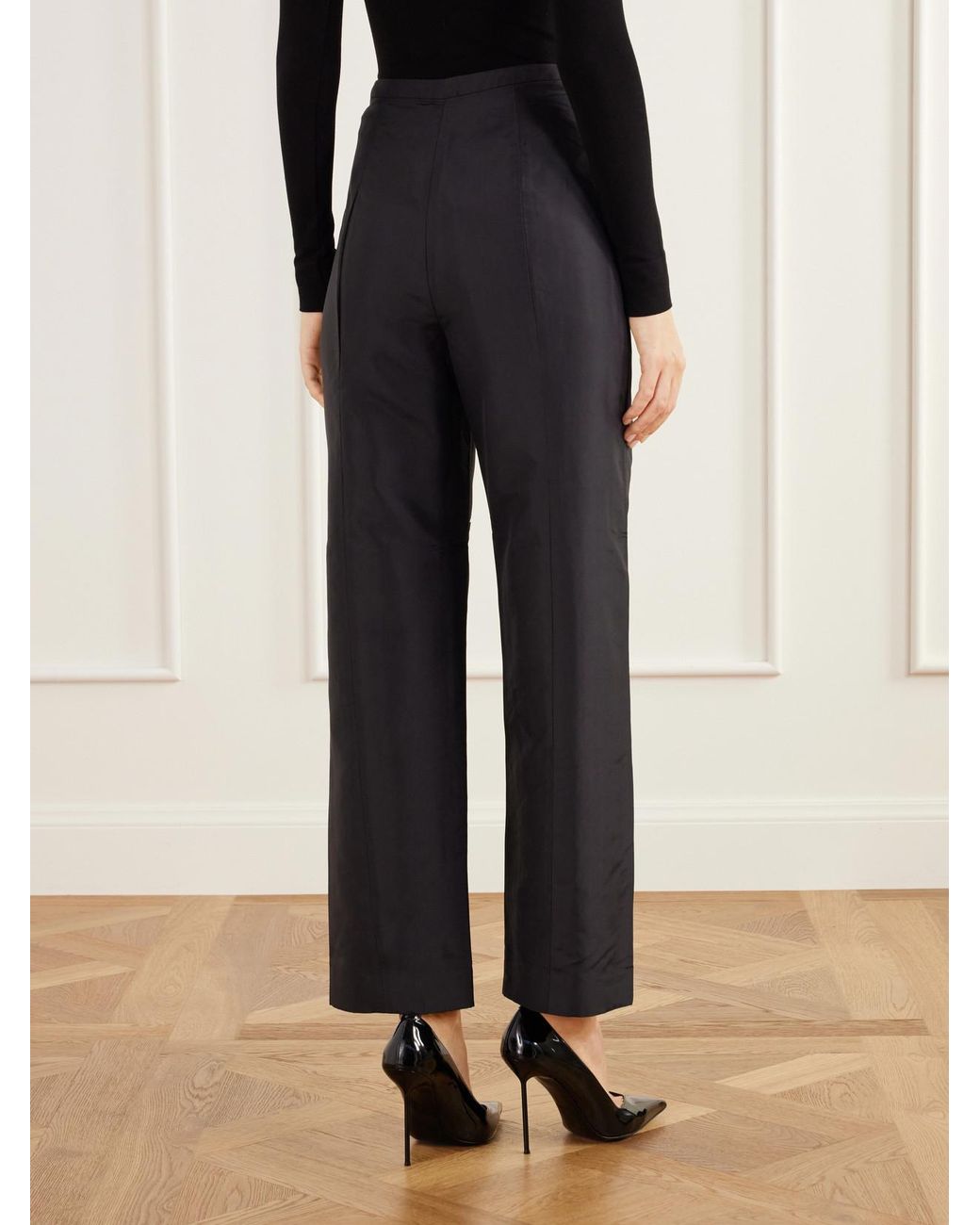 Kallmeyer Black Nadja Embellished Silk Satin Straight-Leg Pants
