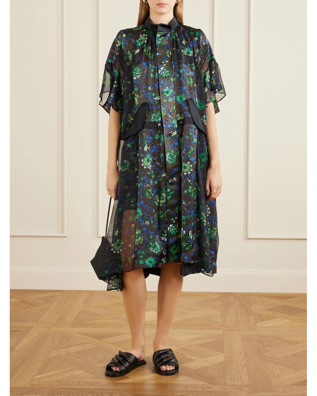Sacai Green Floral-Print Satin Midi Dress