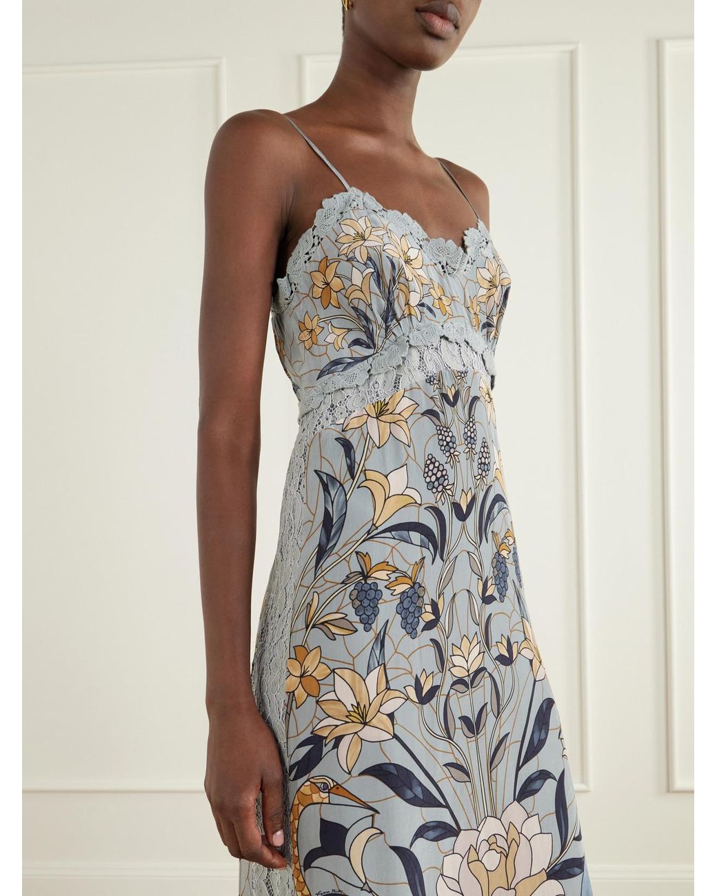 Farm Rio White Stained Glass Beauty Printed Guipure Lace-Trimmed Satin Midi Dress