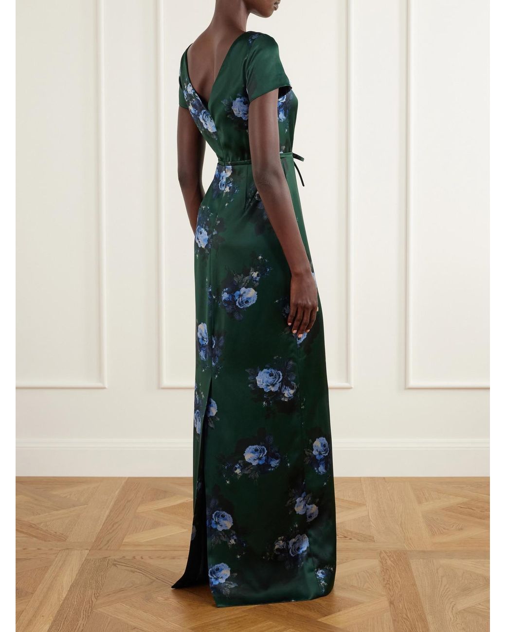 Erdem Green Bow-Detailed Floral-Printed Duchesse-Satin Gown