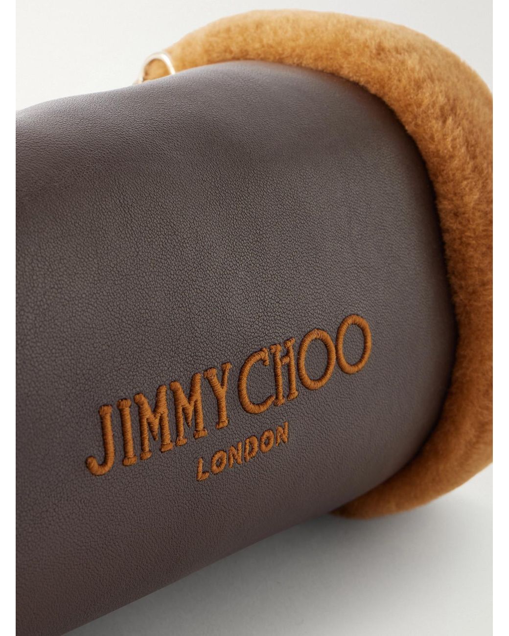 Jimmy Choo Brown Logo-Embroidered Shearling-Trimmed Leather Handwarmer