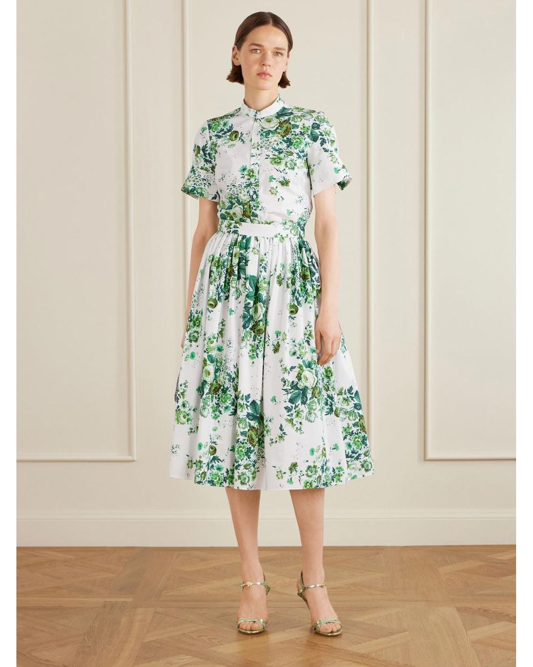 Erdem Green Pleated Floral-Print Cotton-Poplin Midi Skirt