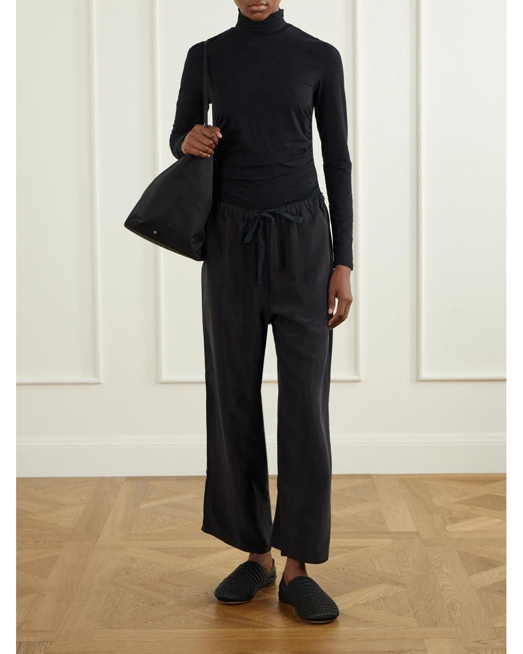 James Perse Blue Silk-Habotai Wide-Leg Drawstring Pants