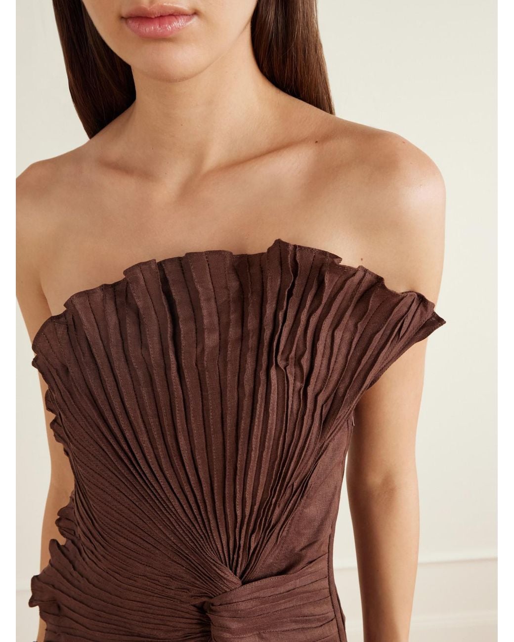 ANDRES OTALORA Brown Nudo Sagrado Strapless Pleated Linen-Woven Top