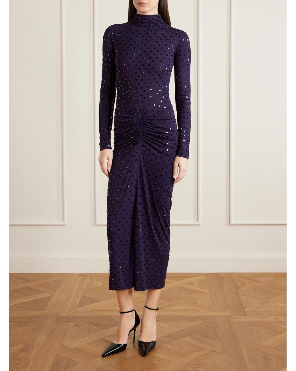 Alaïa Blue Gathered Crystal-Embellished Jersey Midi Dress