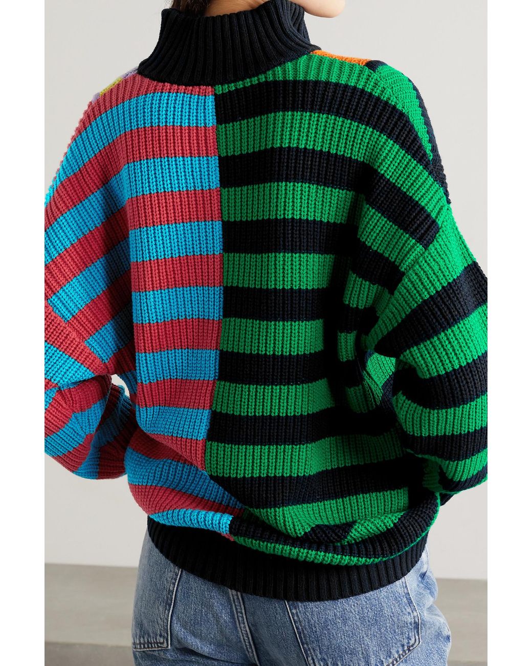 STAUD Hampton Striped Ribbed Cotton-blend Sweater in Green | Lyst