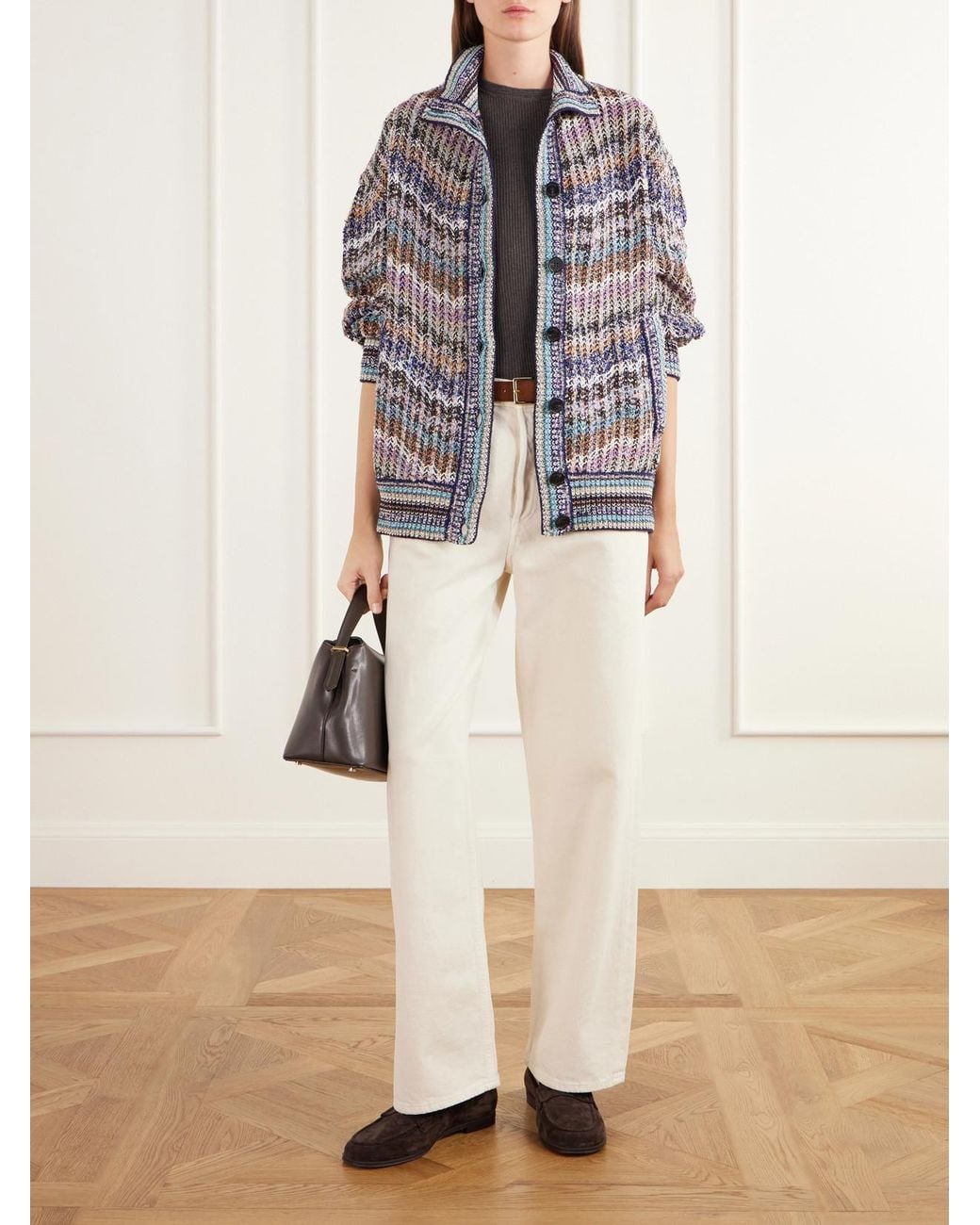 Missoni Gray Striped Metallic Crochet-Knit Cardigan