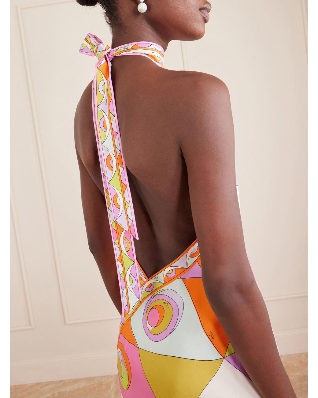 Emilio Pucci White Asymmetric Printed Silk-Twill Halterneck Midi Dress