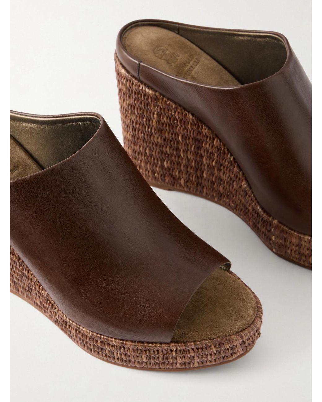 Brunello Cucinelli Brown Leather Platform Wedge Espadrille Sandals