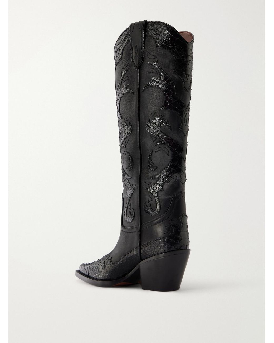 Paris Texas Black Tucson 60 Embroidered Snake-Effect Trimmed Leather Knee Boots