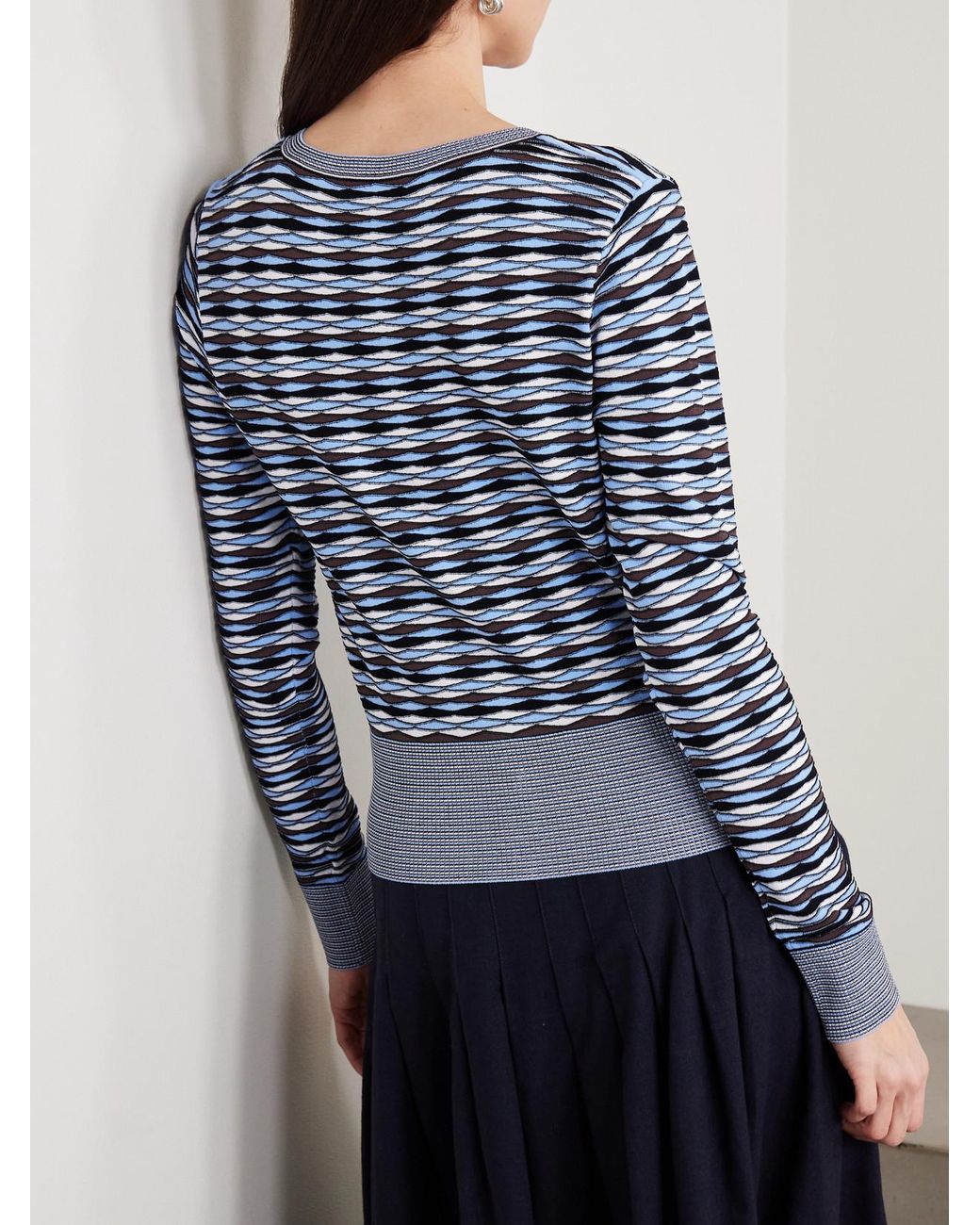 Veronica Beard Blue Cambria Cropped Jacquard-Knit Cardigan