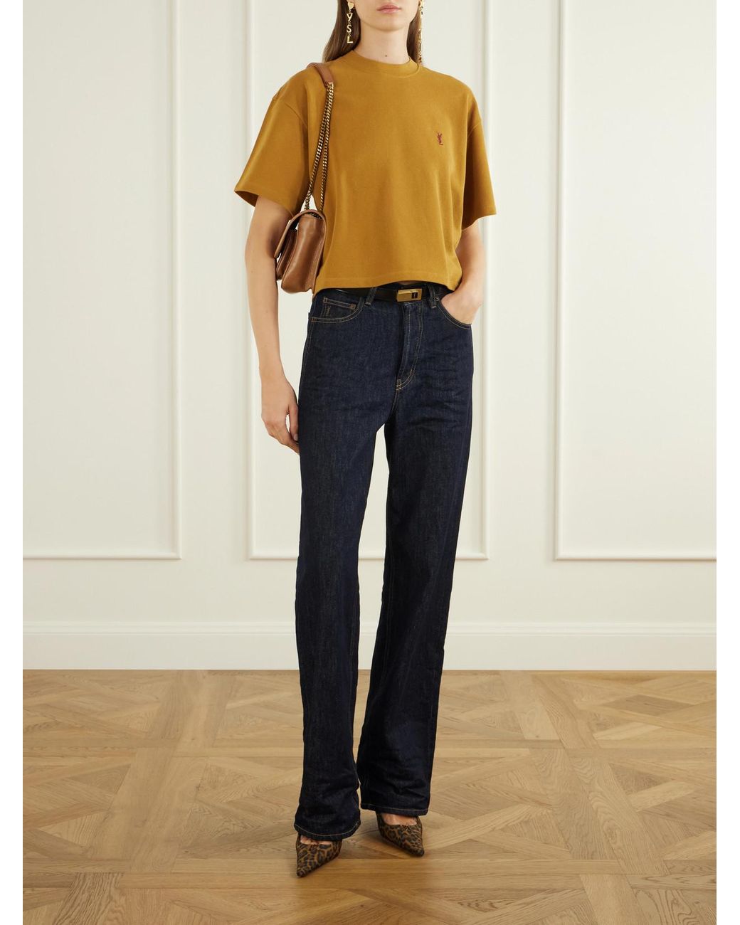 Saint Laurent Yellow Cassandre-Embroidered Cotton-Piqué T-Shirt
