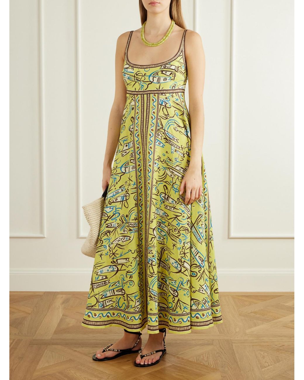 ALÉMAIS Yellow Fish Sticks Printed Linen Midi Dress