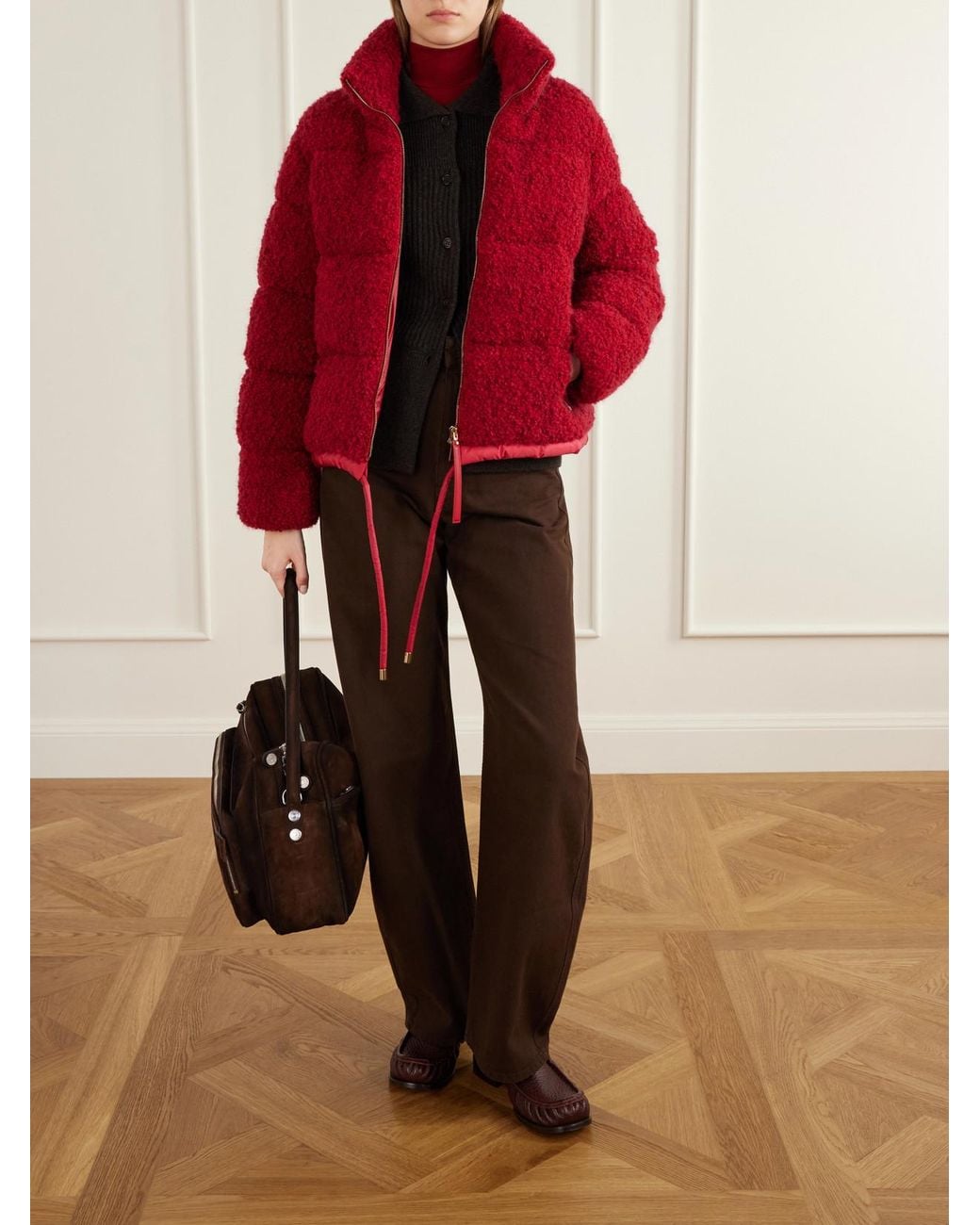 Moncler Red Trascendance Tweed Quilted Down Jacket