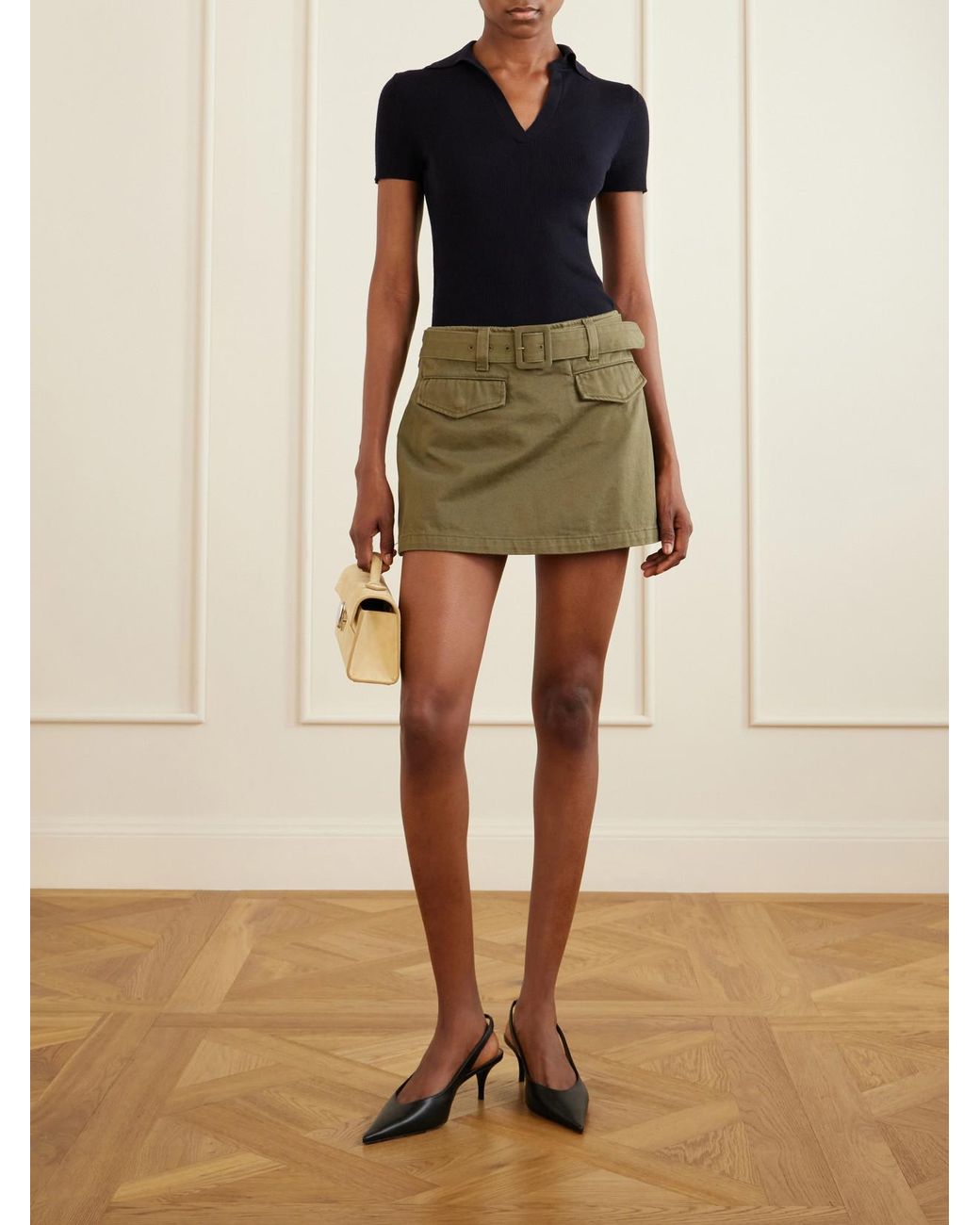 Self-Portrait Green Belted Denim Mini Skort