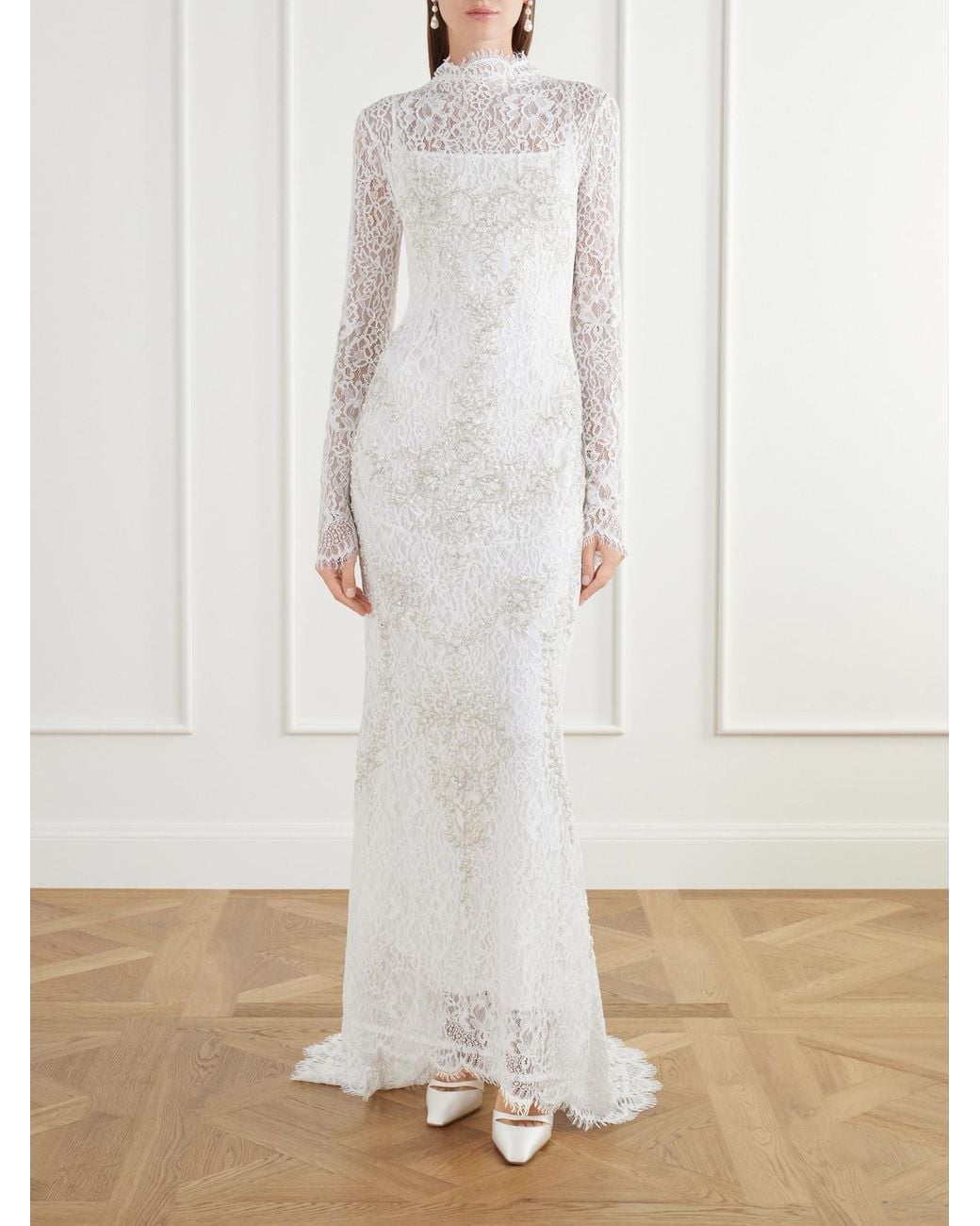 Clio Peppiatt White Sylvia Bead-Embellished Floral-Lace Gown