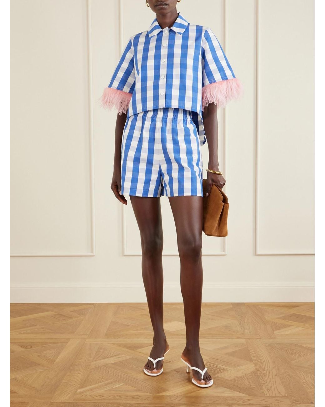 Marta Ferri Blue Picnic Checked Cotton-Blend Vichy Shorts