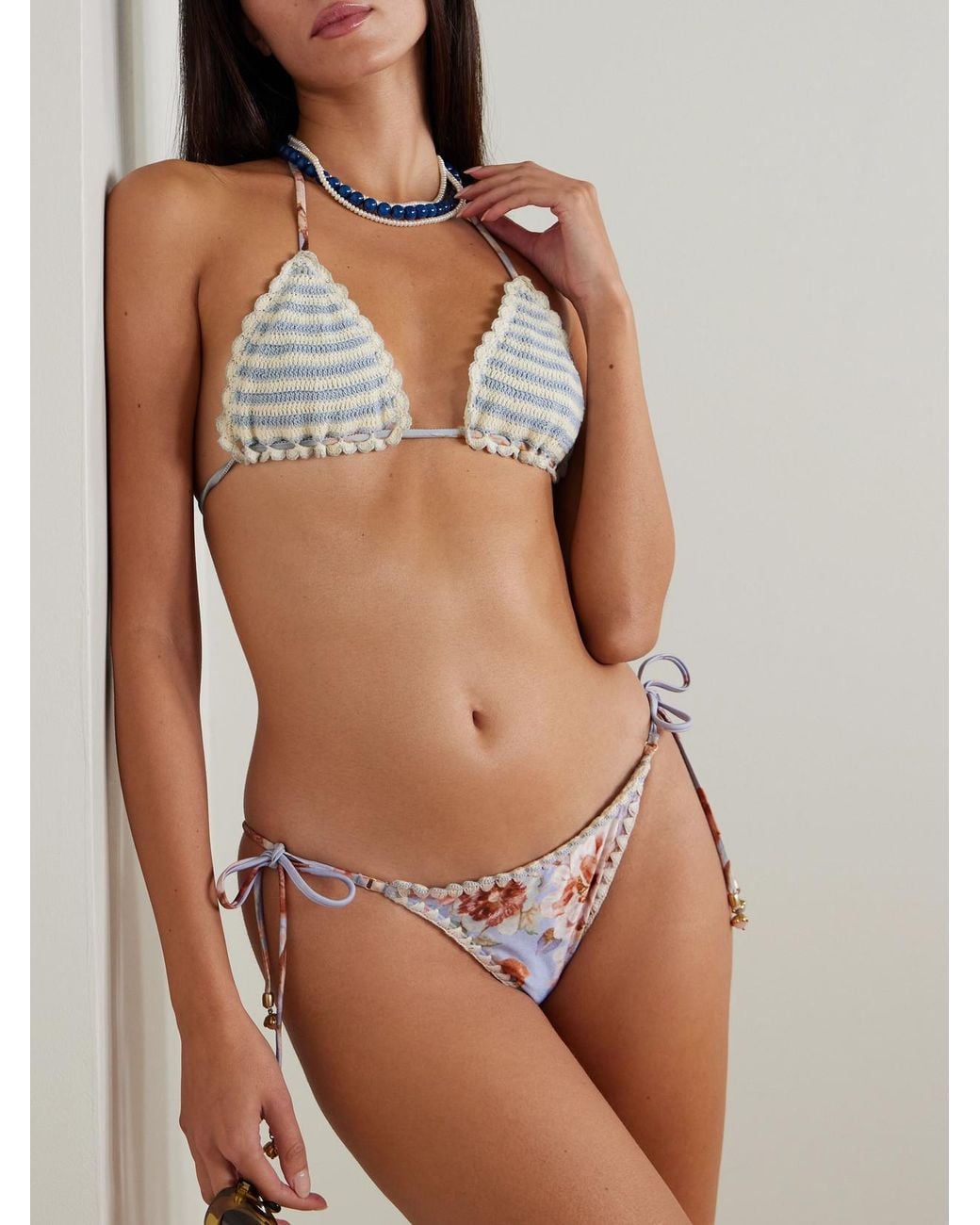 Zimmermann White Awaken Striped Crocheted Cotton Bikini Top