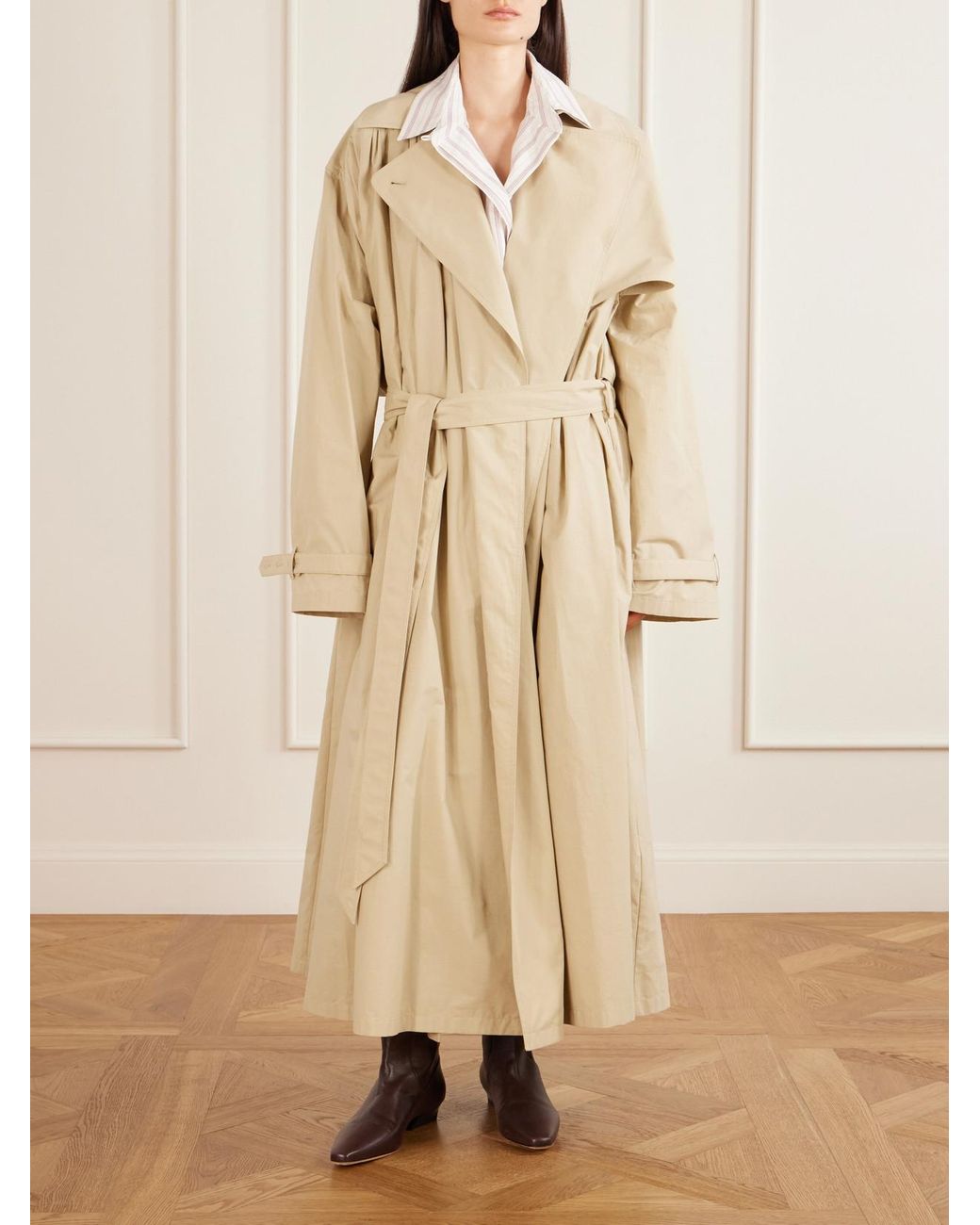 Calvin Klein Natural Mireille Ruched Cotton-Gabardine Trench Coat