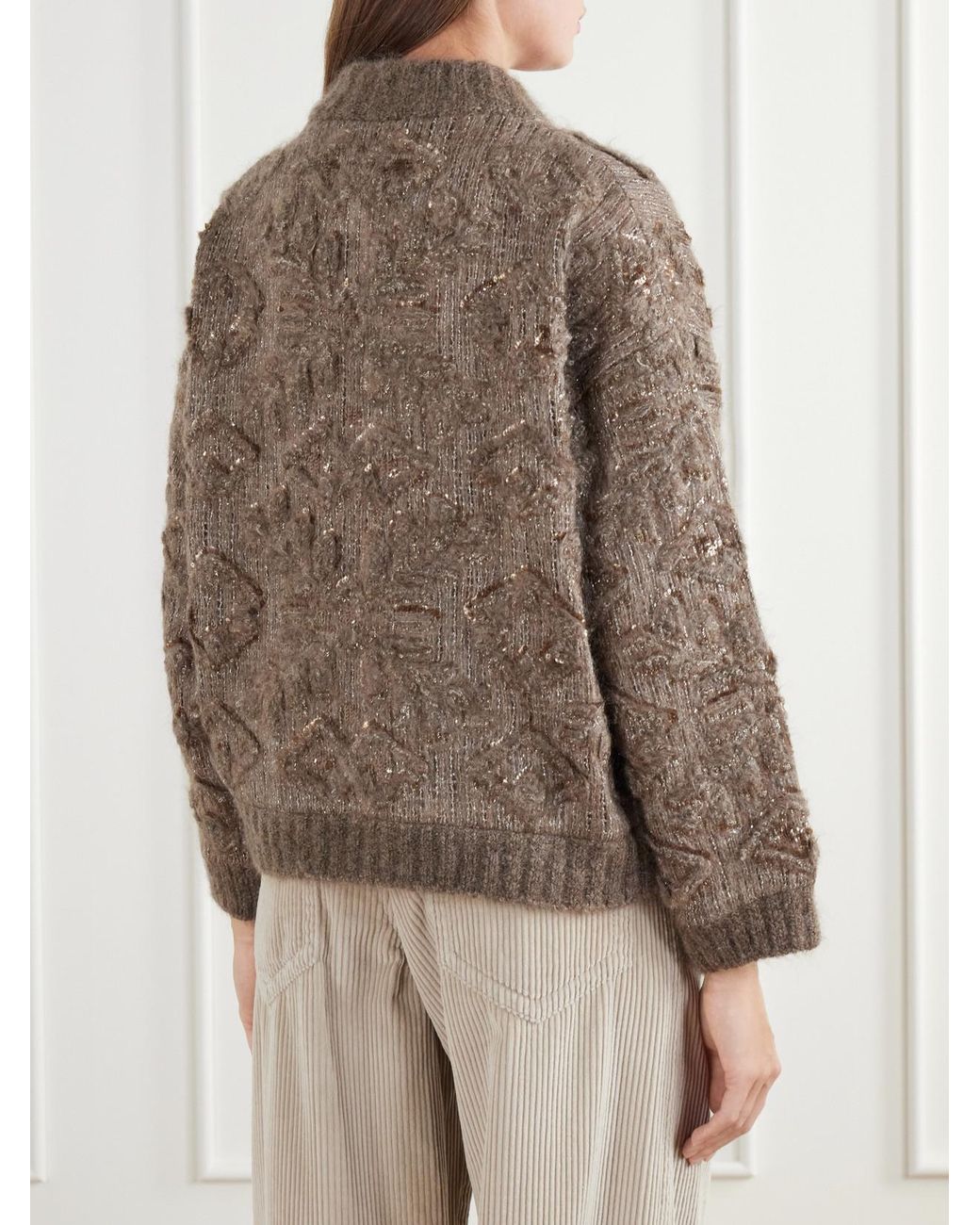 Brunello Cucinelli Brown Sequin-Embellished Jacquard Sweater