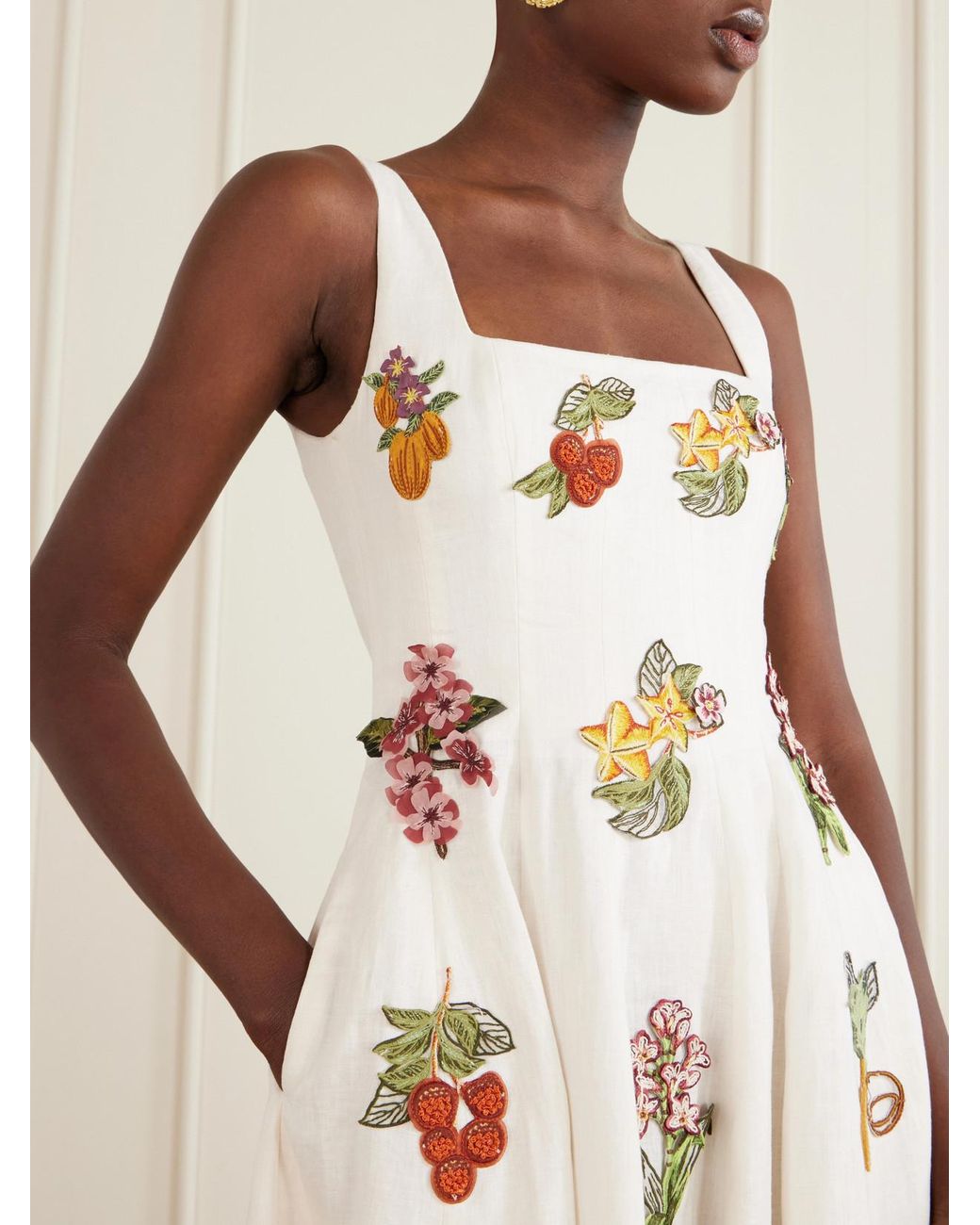 Agua Bendita Natural Frontera Embellished Floral-Appliqué Linen Midi Dress