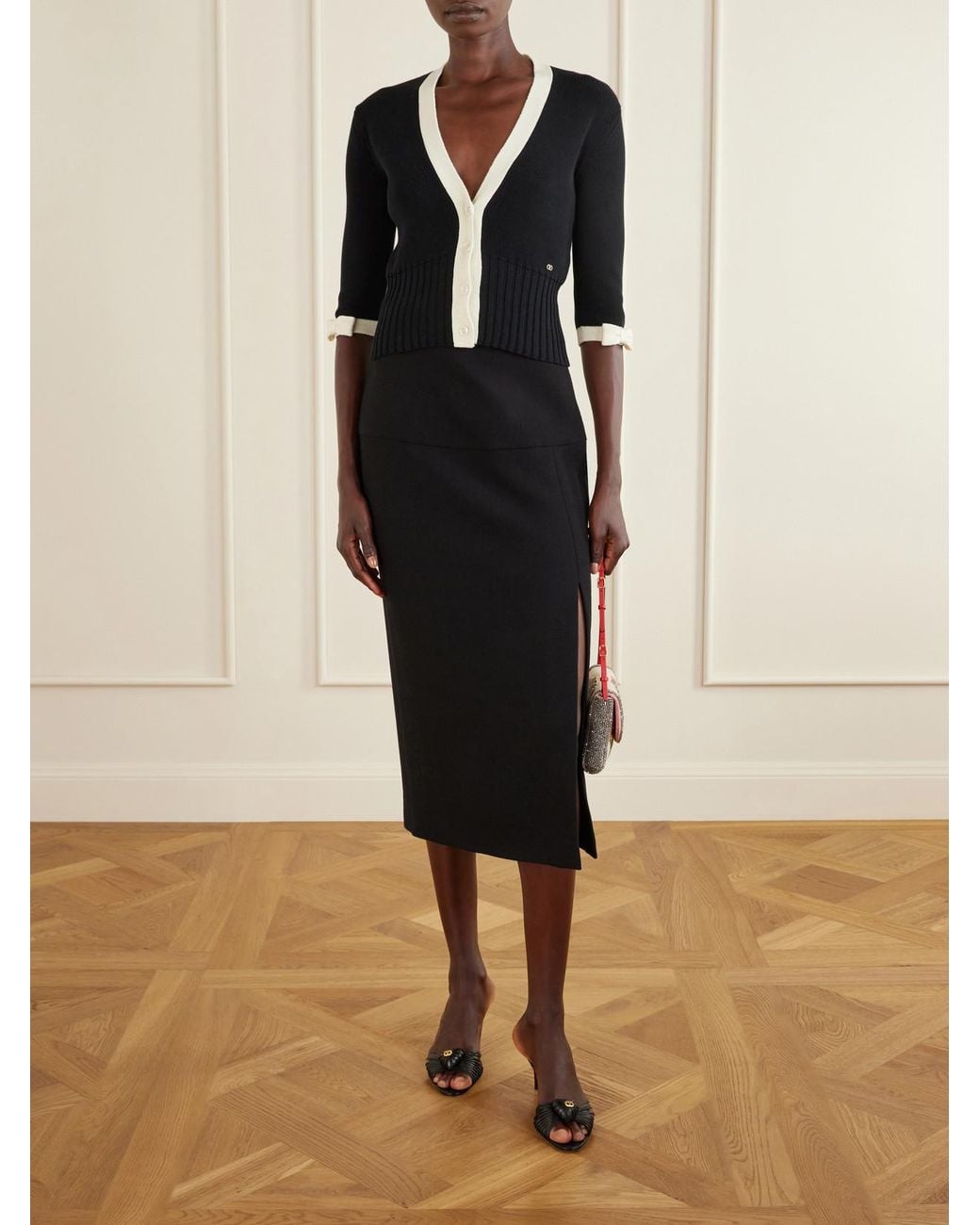 Valentino Garavani Blue Cropped Bow-Embellished Two-Tone Ribbed-Knit Cotton Cardigan