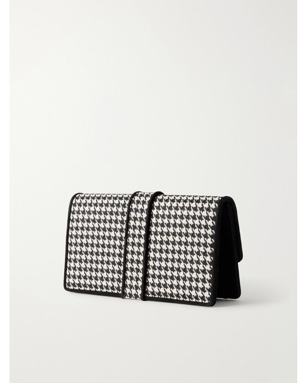 Manolo Blahnik Black Maycap Suede-Trimmed Houndstooth Wool Clutch