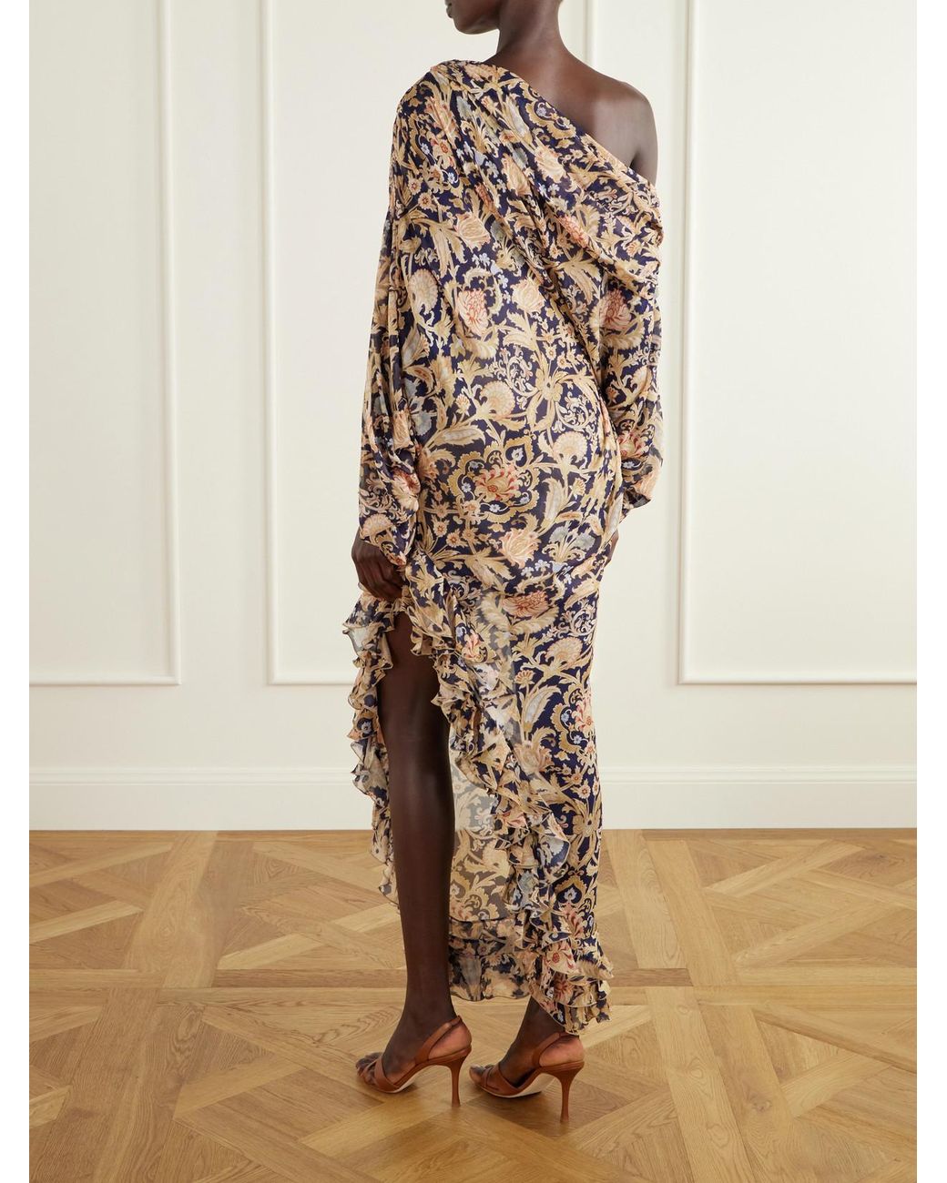 Zimmermann Natural Valiant One-Shoulder Gathered Printed Crepe Maxi Dress