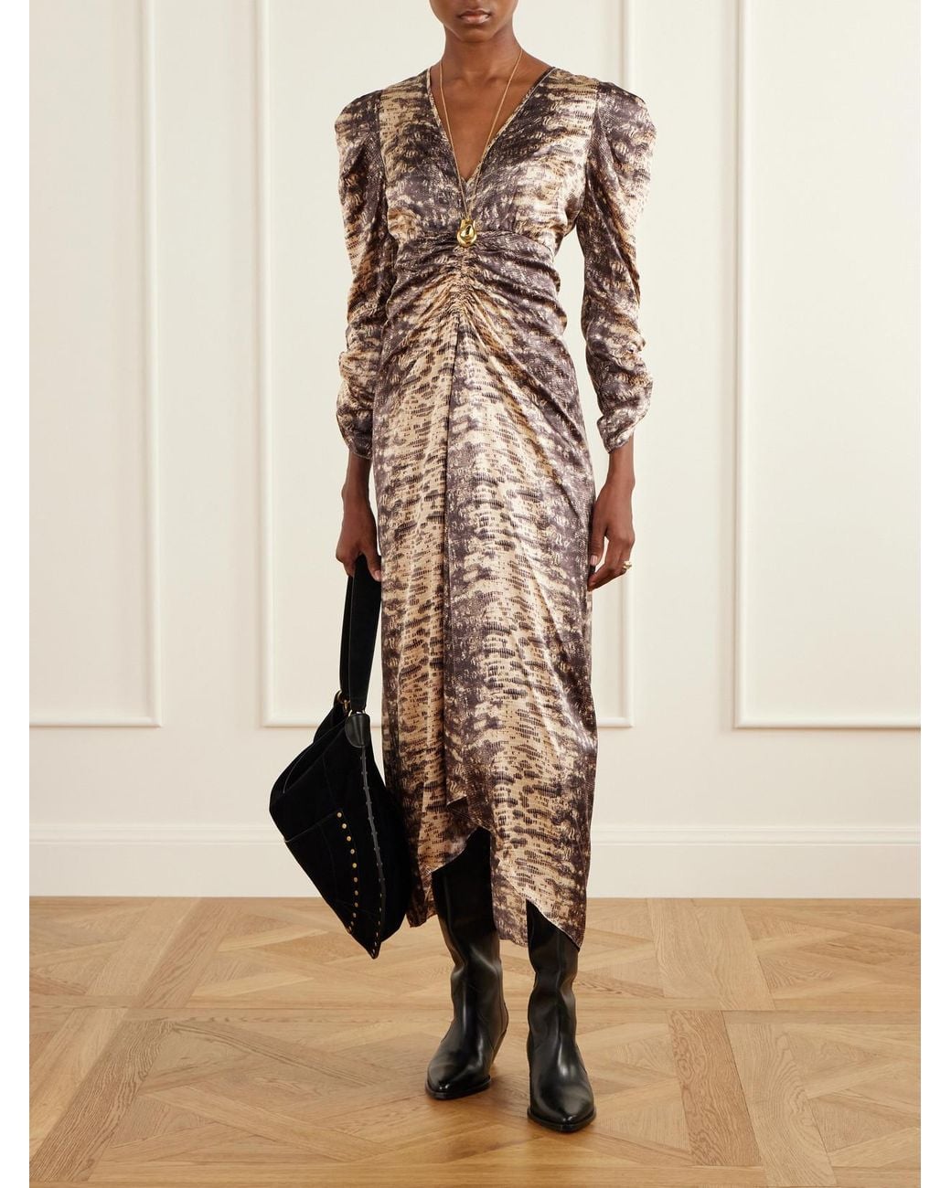 Isabel Marant Natural Albini Gathered Asymmetric Snake-Print Silk Midi Dress