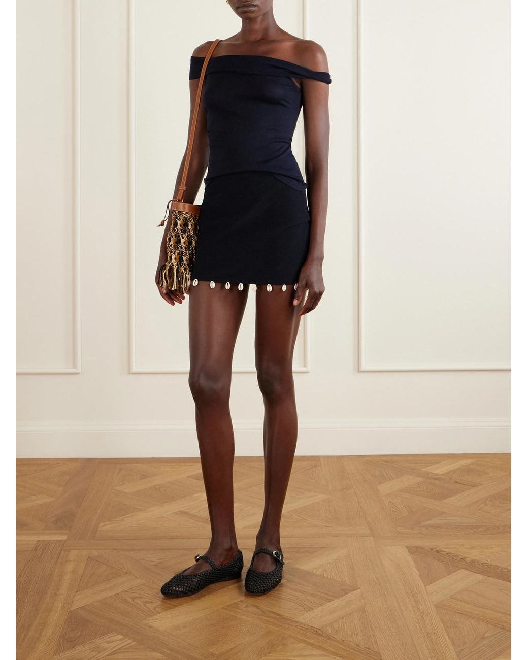 SARA CRISTINA Blue Embellished Jersey Mini Skirt