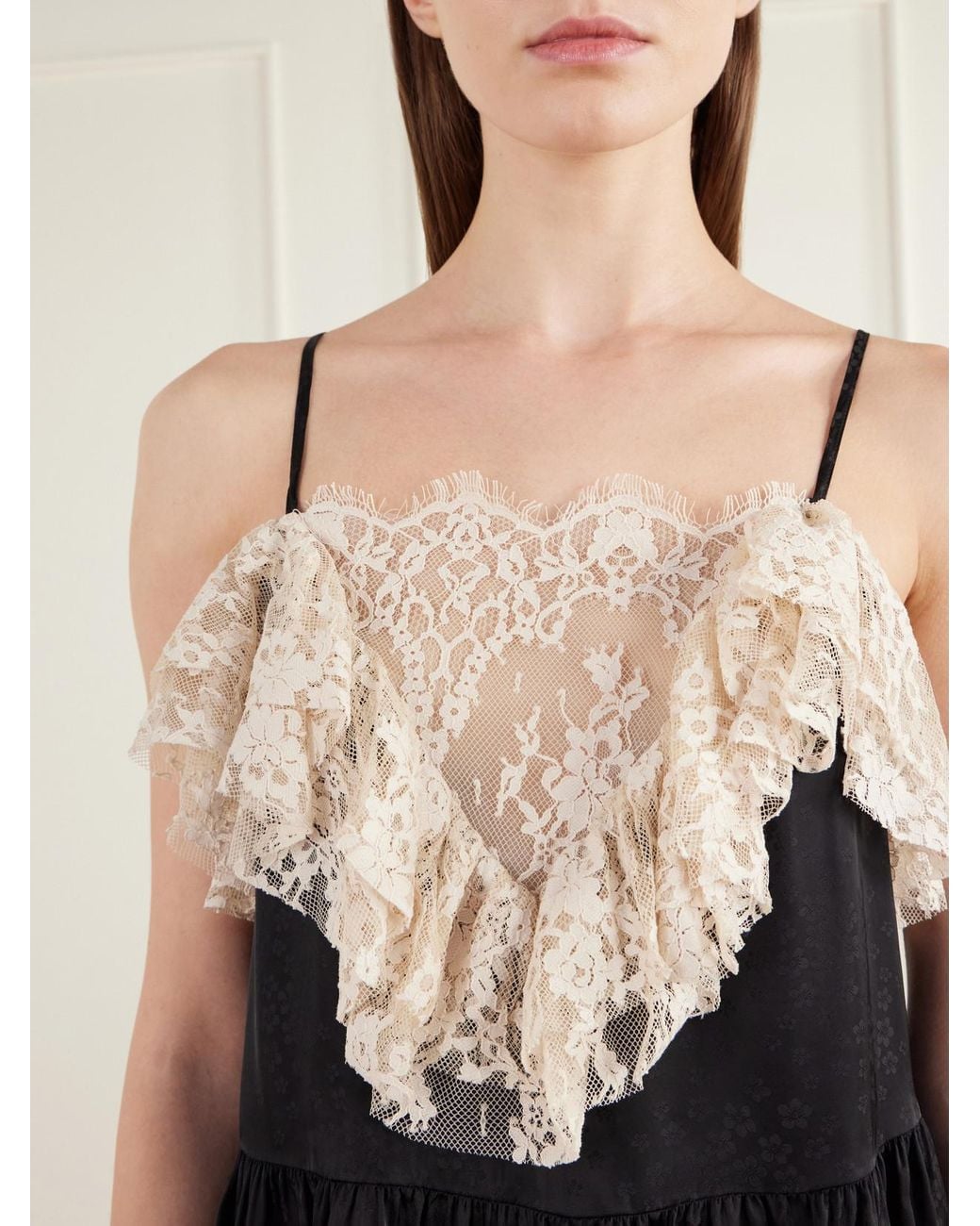 Sea Black Ethel Ruffled Lace-Trimmed Floral-Jacquard Satin Cami