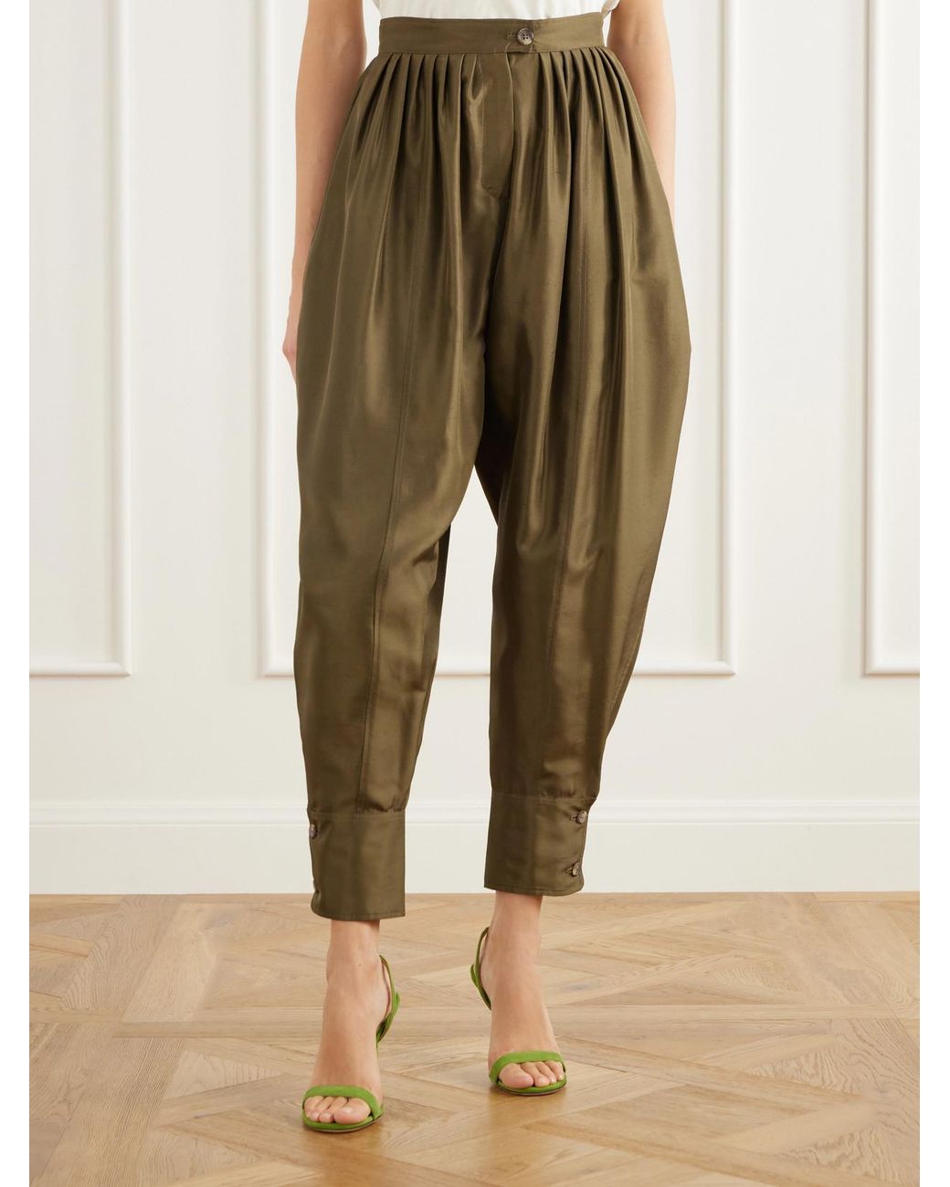 LaDoubleJ Green Harem Pleated Silk-Shantung Tapered Pants