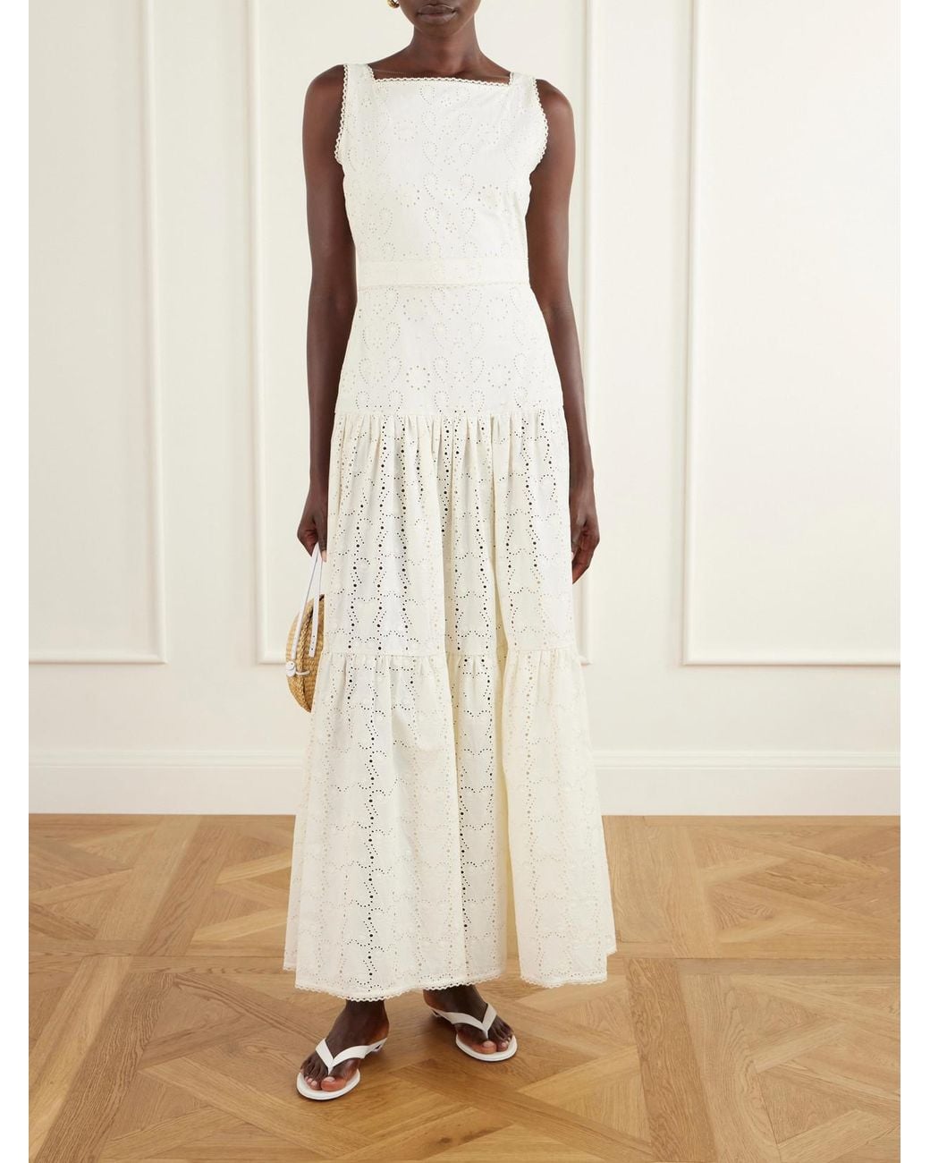 Agua Bendita White Abeja Playa Broderie Anglaise Cotton Maxi Dress