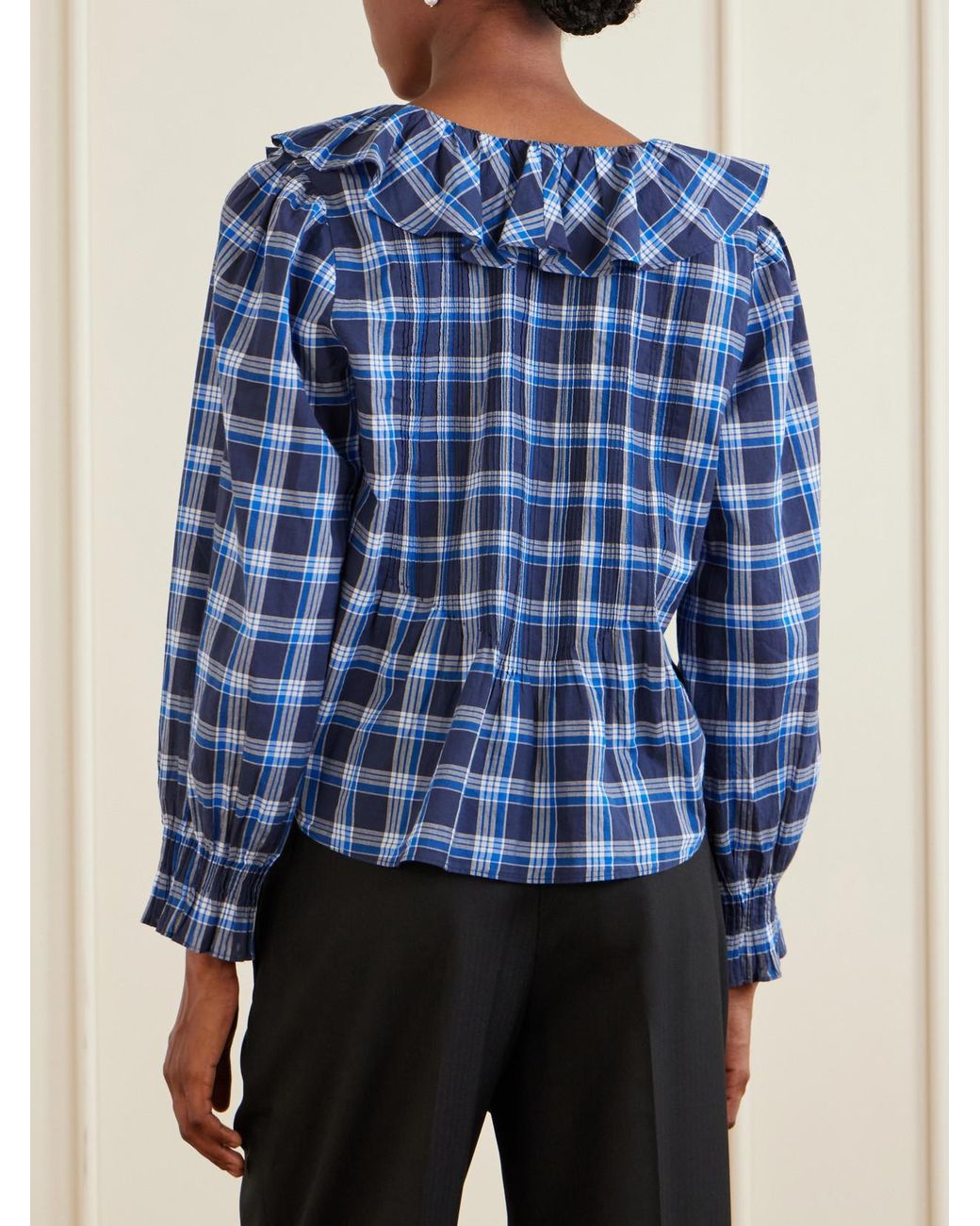 Doen Blue Hardy Checked Shirred Organic Cotton Blouse