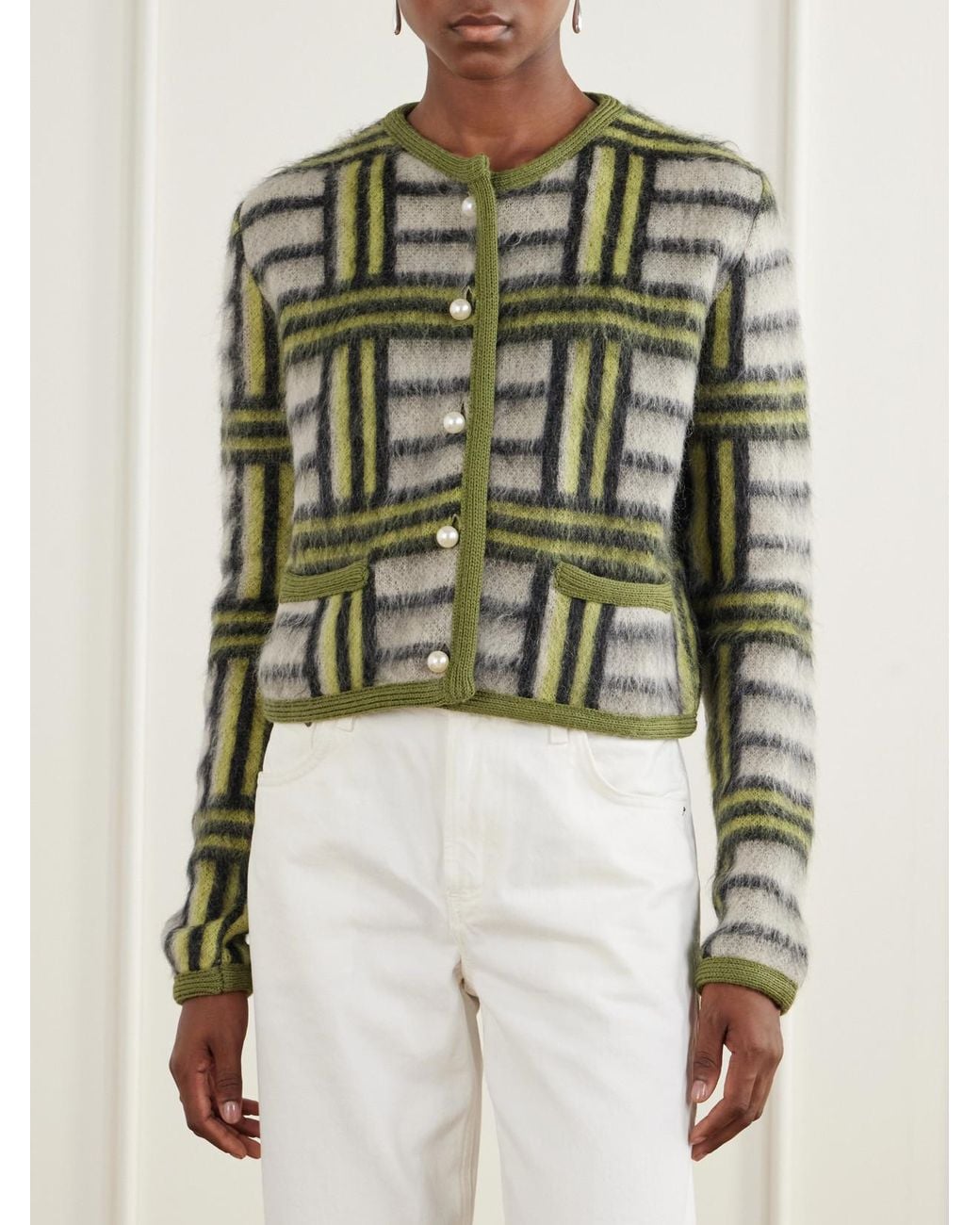 LaDoubleJ Green Check Wool-Blend Cardigan
