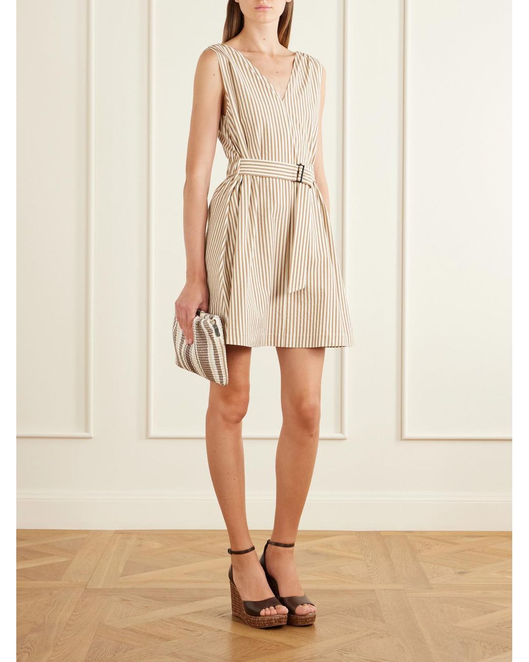 Brunello Cucinelli Natural Belted Seersucker Cotton-Blend Mini Dress
