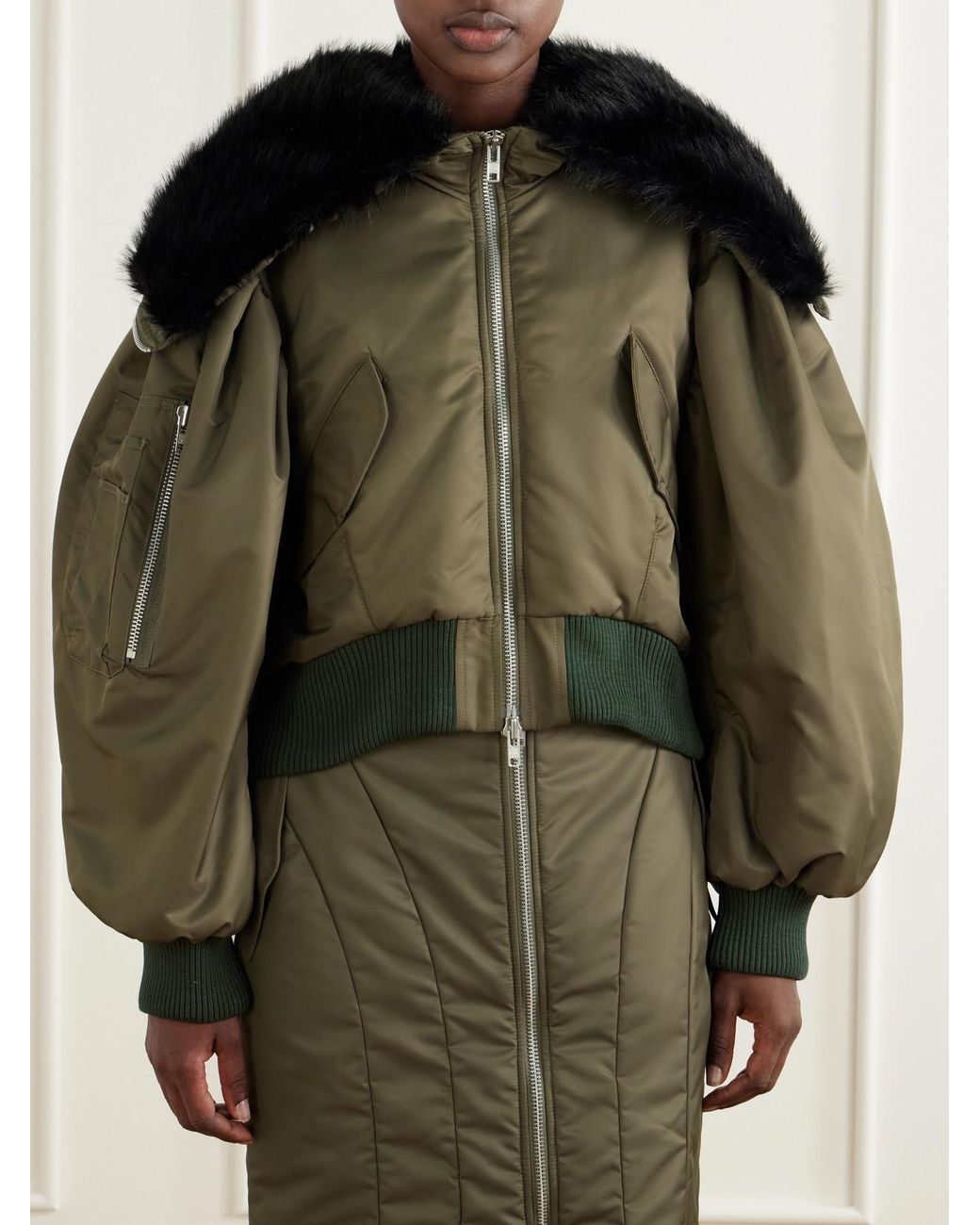 Simone Rocha Green Hooded Cropped Plush-Trimmed Shell Bomber Jacket