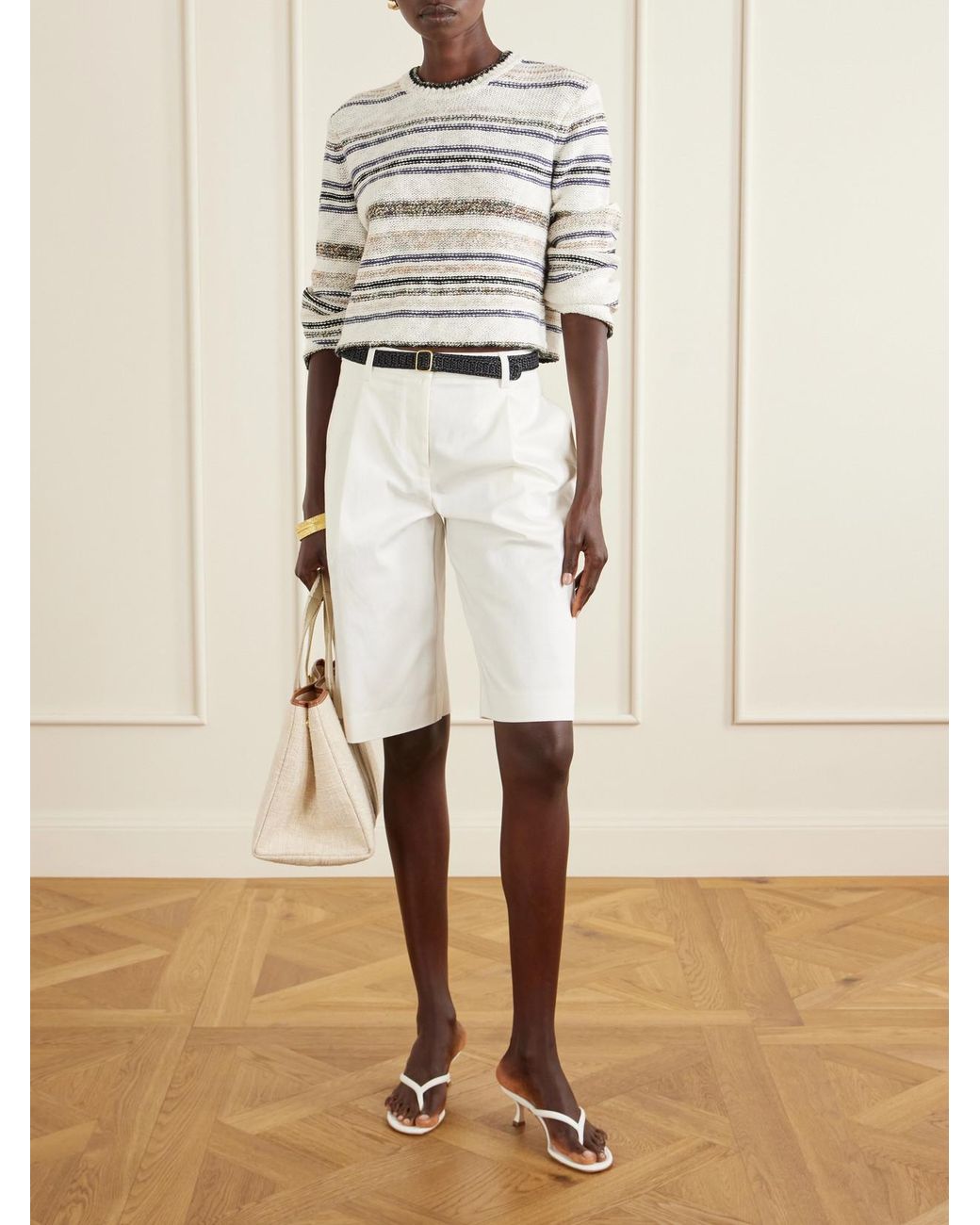 James Perse Gray Striped Knitted Cotton-Blend Sweater