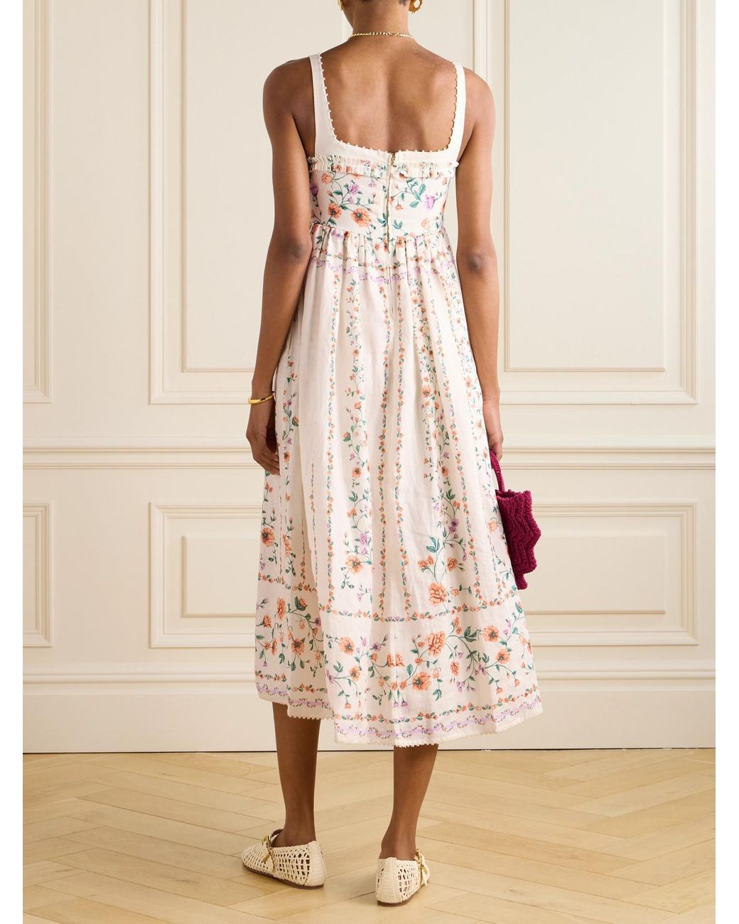 Agua Bendita Barbara Pleated Bead-Embellished Floral-Print Linen Midi Dress  in Natural | Lyst UK