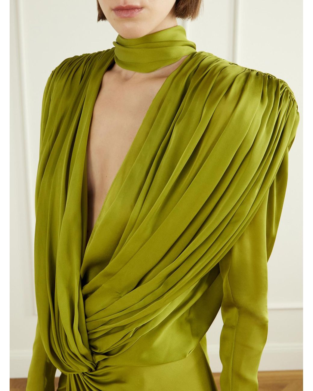 Balmain Green Draped Silk-Charmeuse Maxi Dress