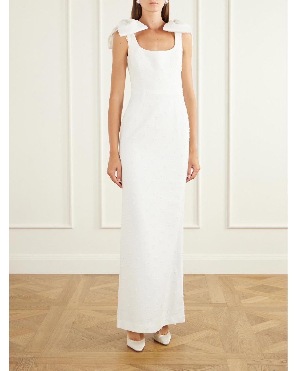 Rebecca Vallance White Mariee Bow-Detailed Embroidered Paneled Crepe Gown
