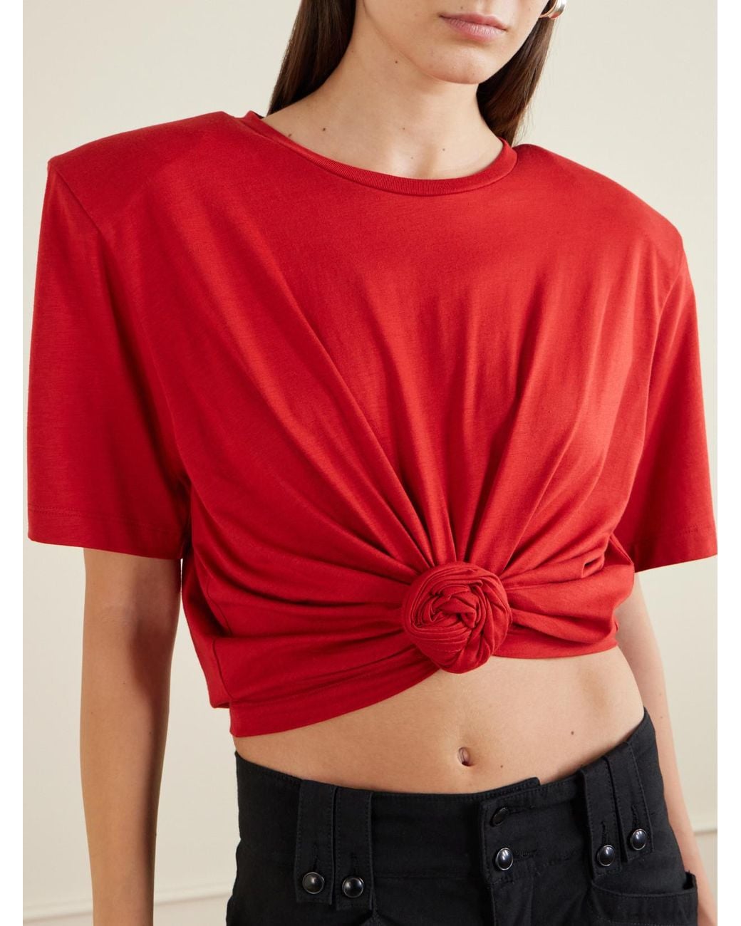Magda Butrym Red Knotted Cropped Cotton-Blend Jersey T-Shirt