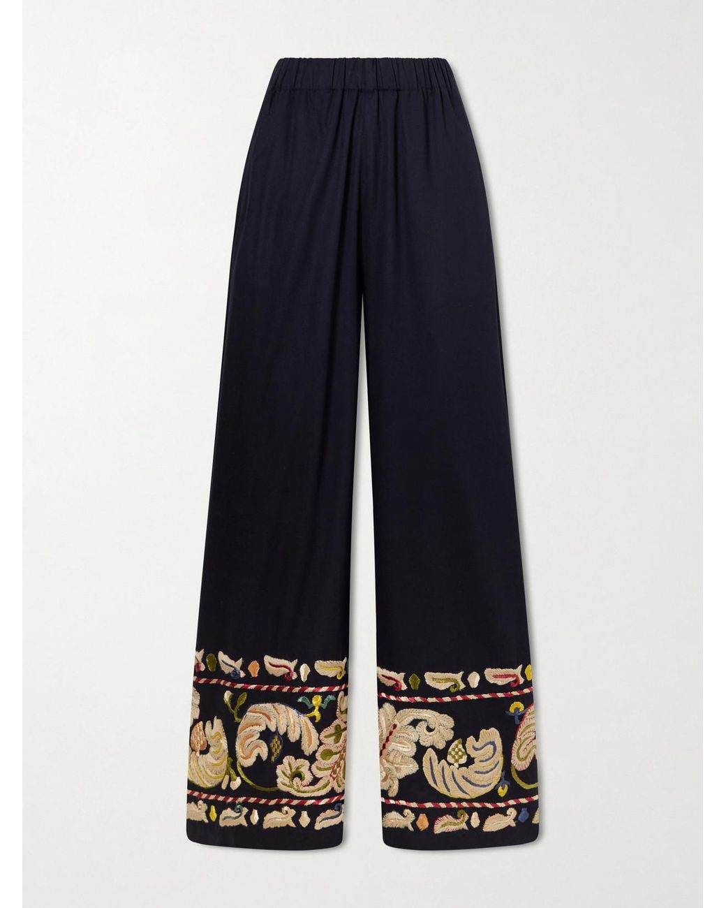 Bode Blue Feather Runner Embroidered Cotton-Blend Flared Pants